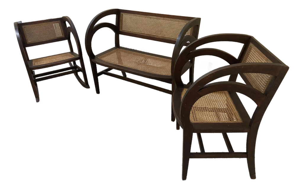 Early 20th Century Rare Form Art Deco Arts and Crafts Period Settee Bench and Chair Set With Caned Seats and Backs