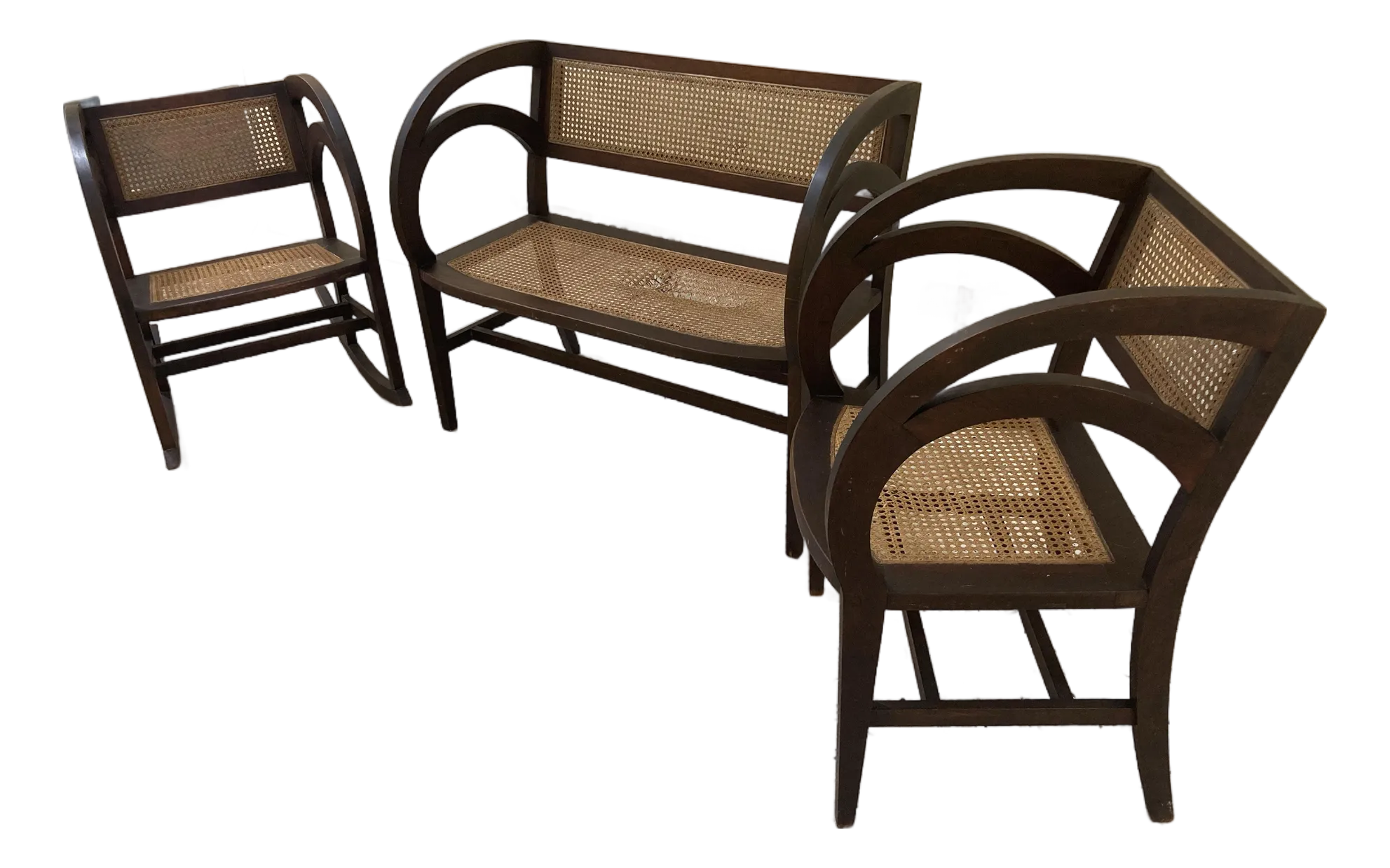 Early 20th Century Rare Form Art Deco Arts and Crafts Period Settee Bench and Chair Set With Caned Seats and Backs