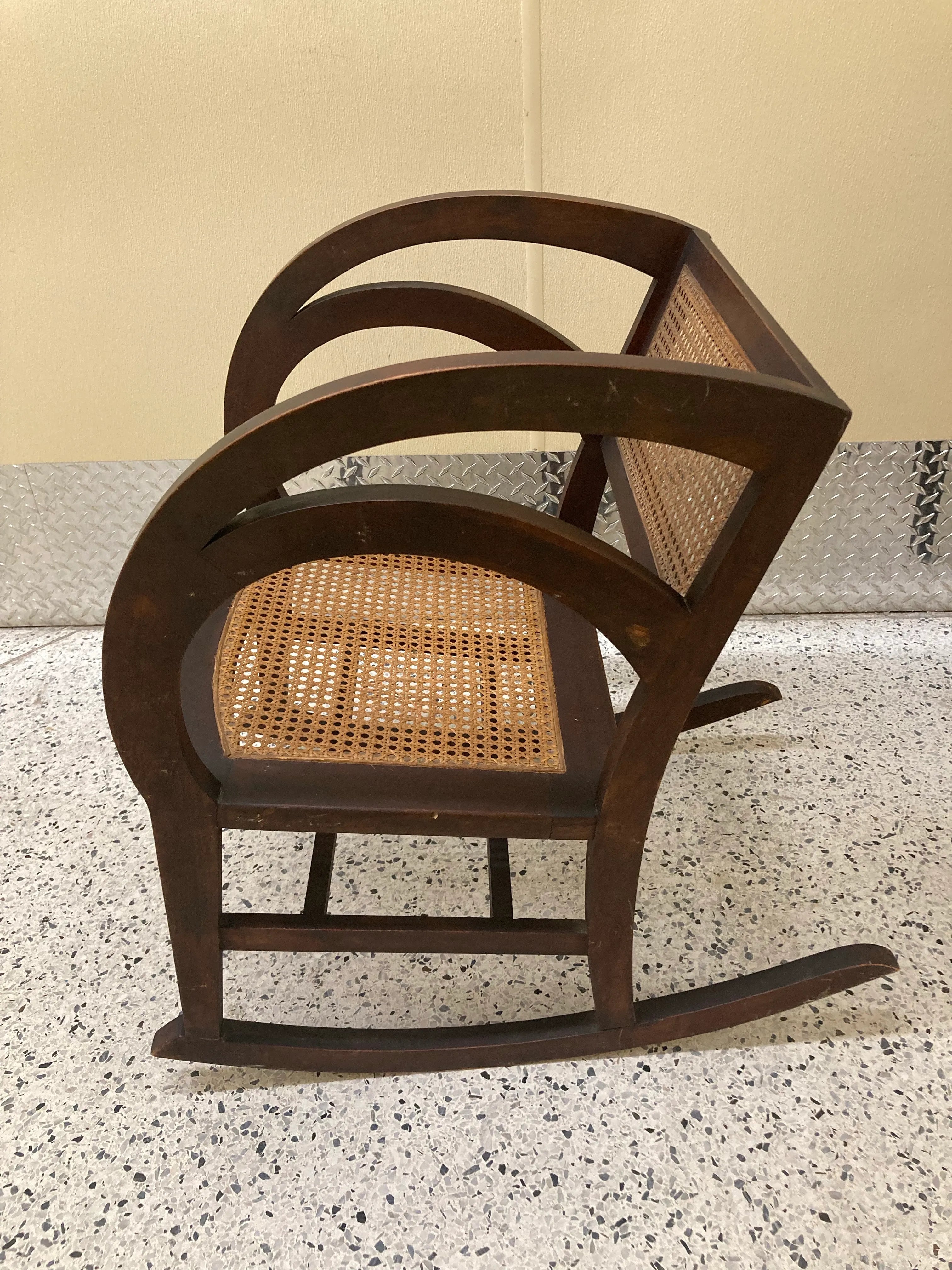 Early 20th Century Rare Form Art Deco Arts and Crafts Period Settee Bench and Chair Set With Caned Seats and Backs