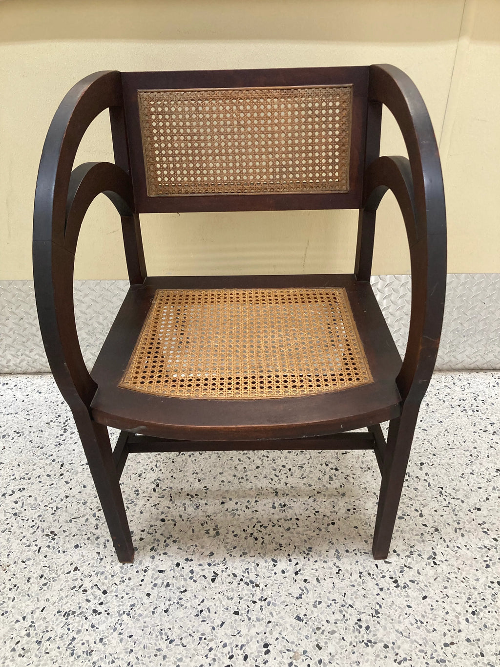 Early 20th Century Rare Form Art Deco Arts and Crafts Period Settee Bench and Chair Set With Caned Seats and Backs