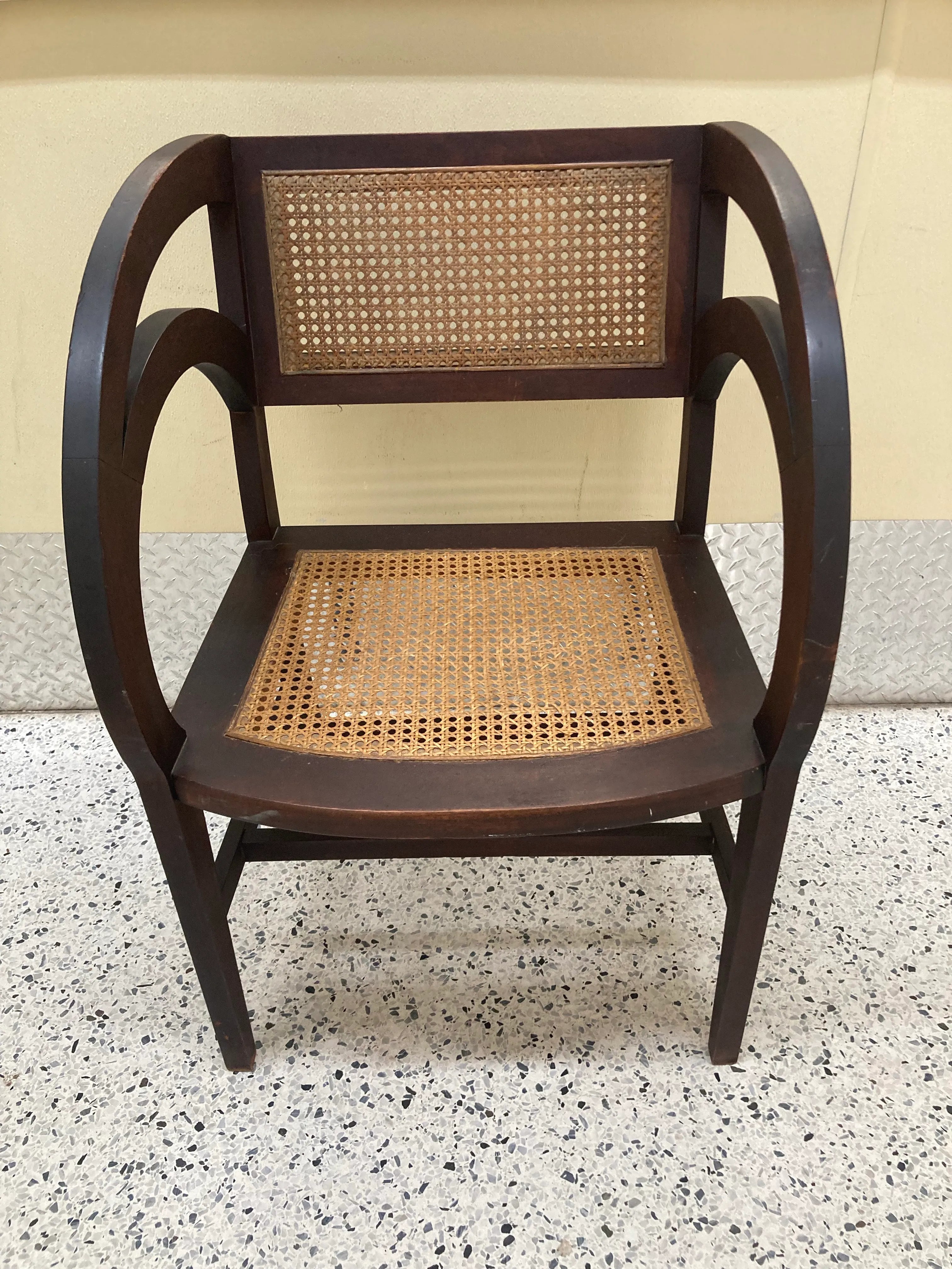 Early 20th Century Rare Form Art Deco Arts and Crafts Period Settee Bench and Chair Set With Caned Seats and Backs