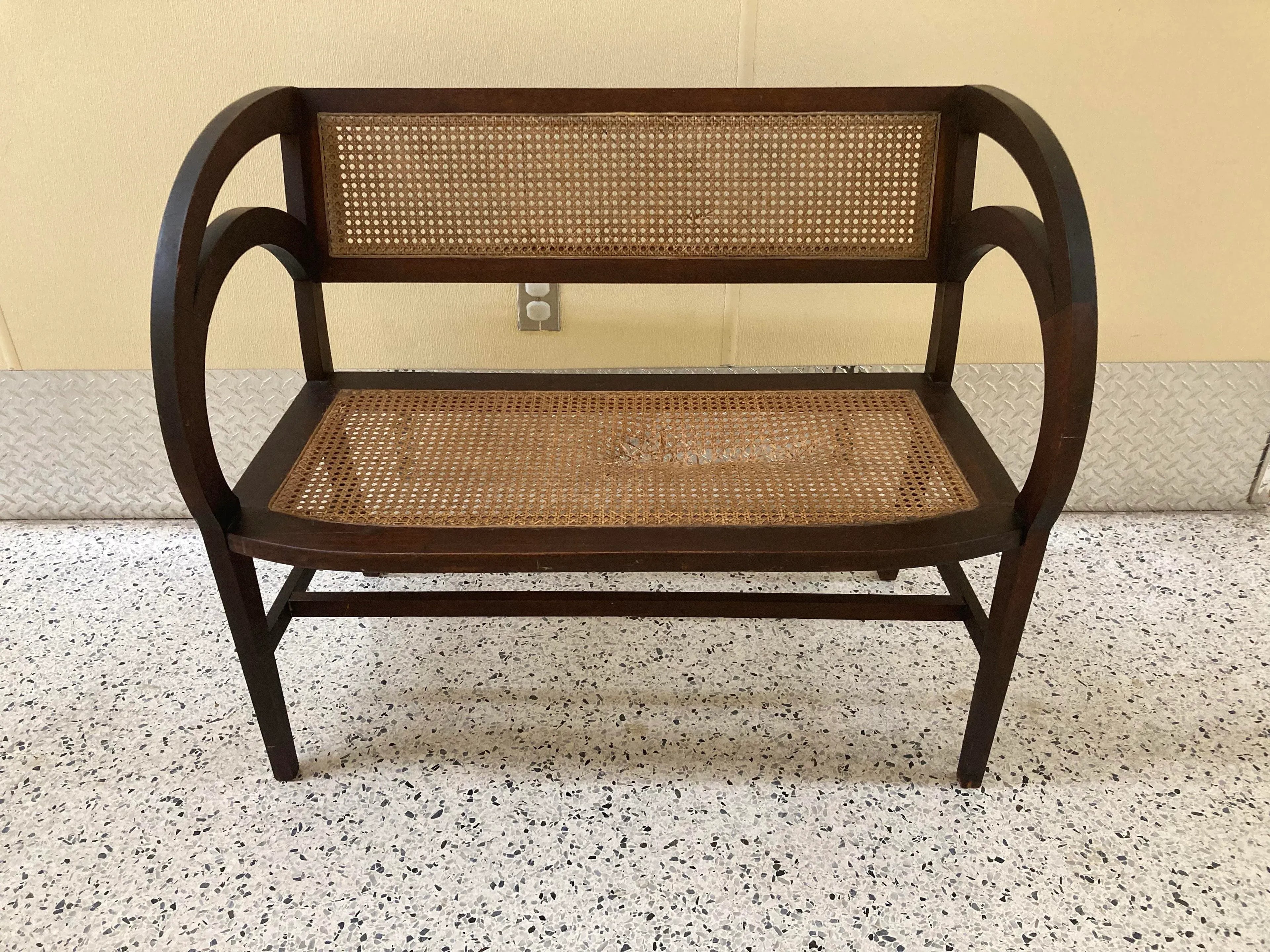 Early 20th Century Rare Form Art Deco Arts and Crafts Period Settee Bench and Chair Set With Caned Seats and Backs