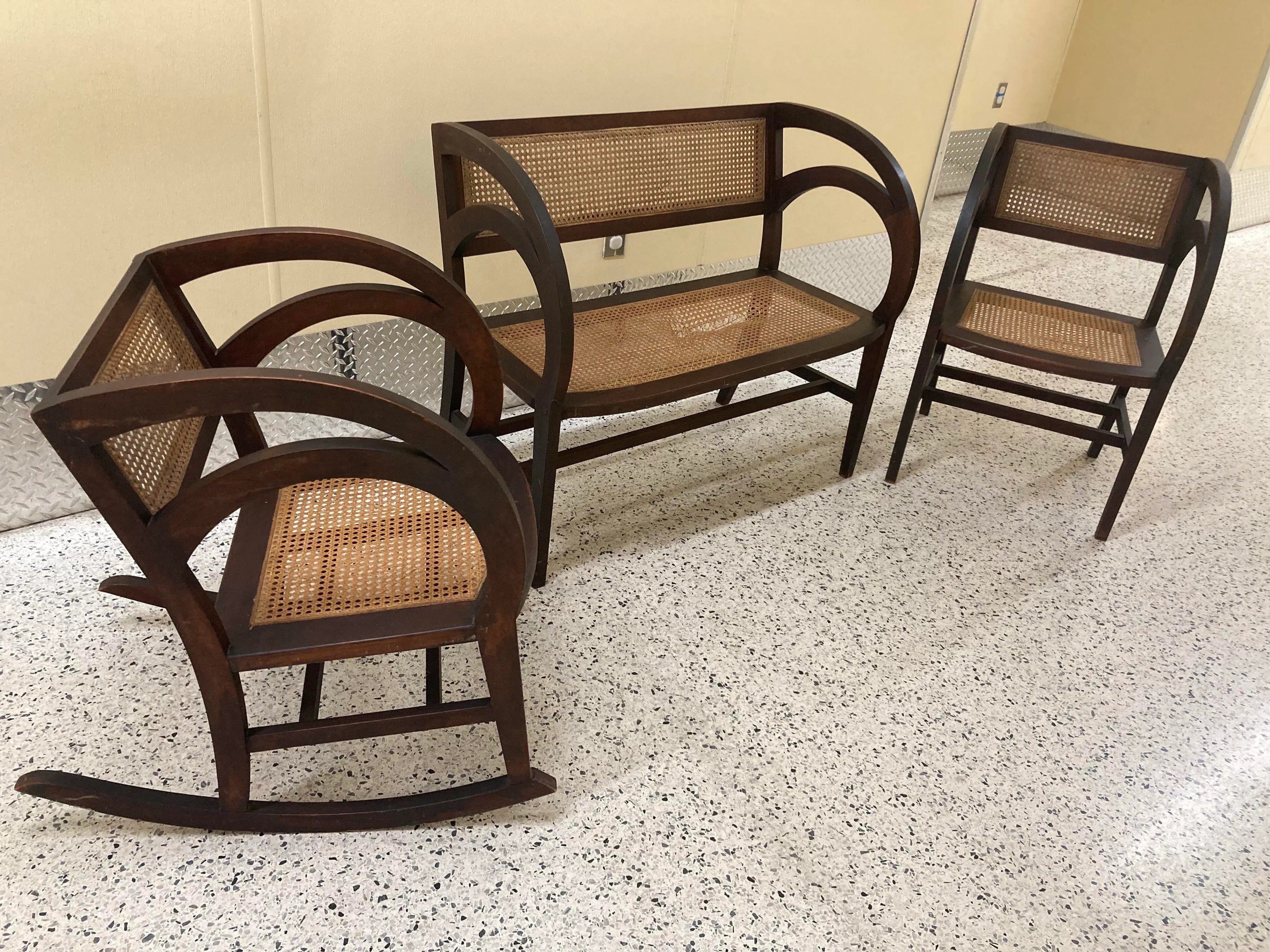 Early 20th Century Rare Form Art Deco Arts and Crafts Period Settee Bench and Chair Set With Caned Seats and Backs
