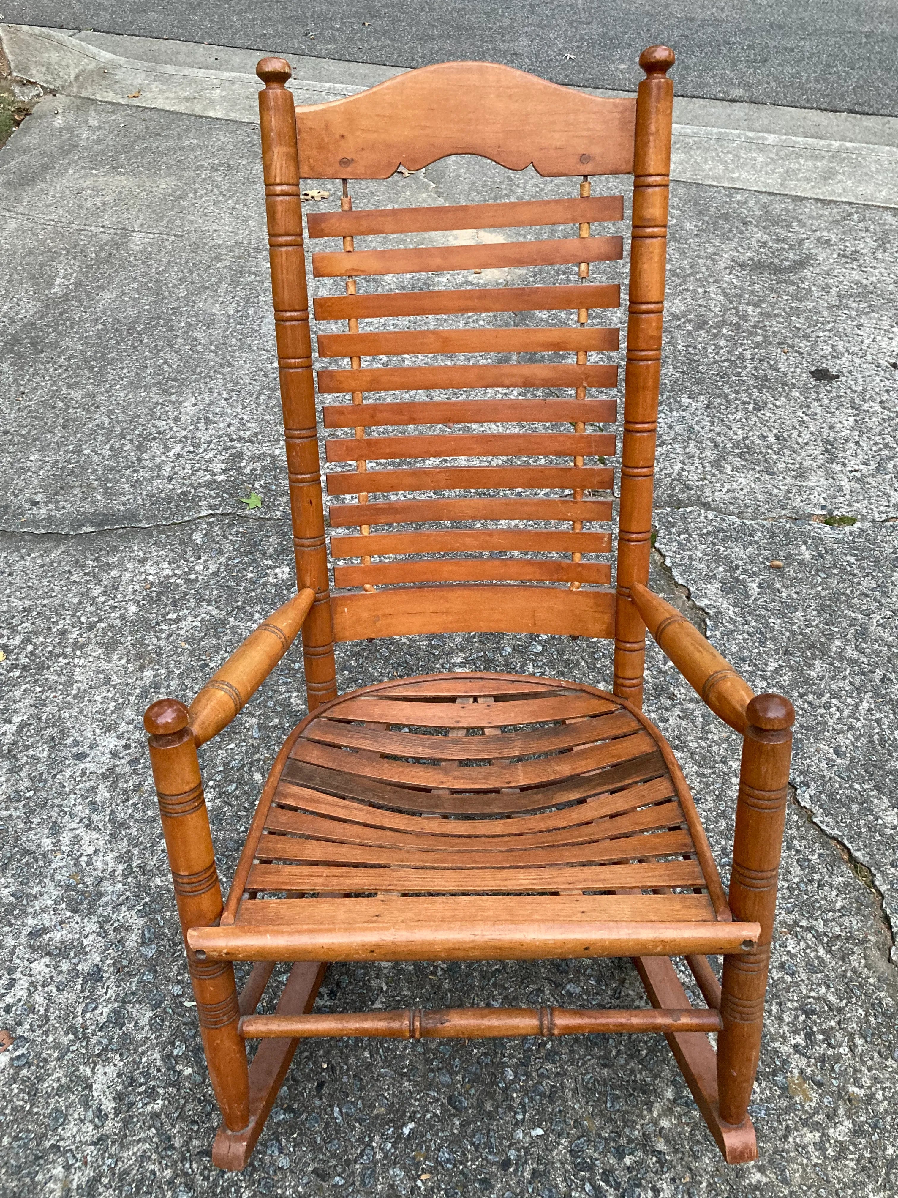 Early 20th Century Rare Form Oak Rocking Chair With Floating Slat Back and Seat
