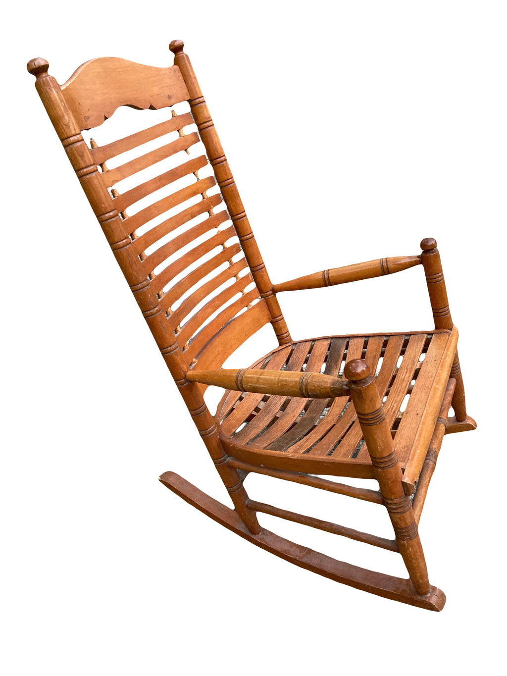 Early 20th Century Rare Form Oak Rocking Chair With Floating Slat Back and Seat