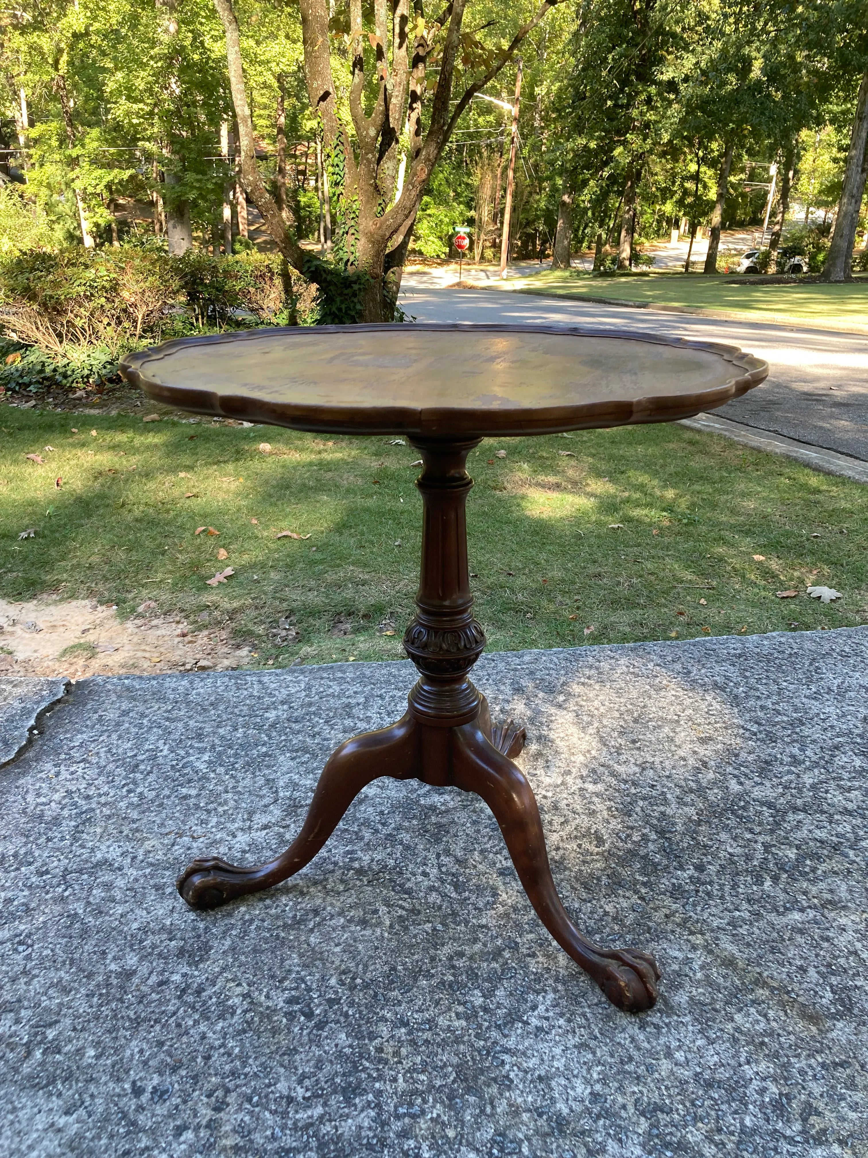 Early 20th Century Wabi Sabi Naturally Distressed Mahogany Pie Crust Tea Table With Ball and Claw Feet