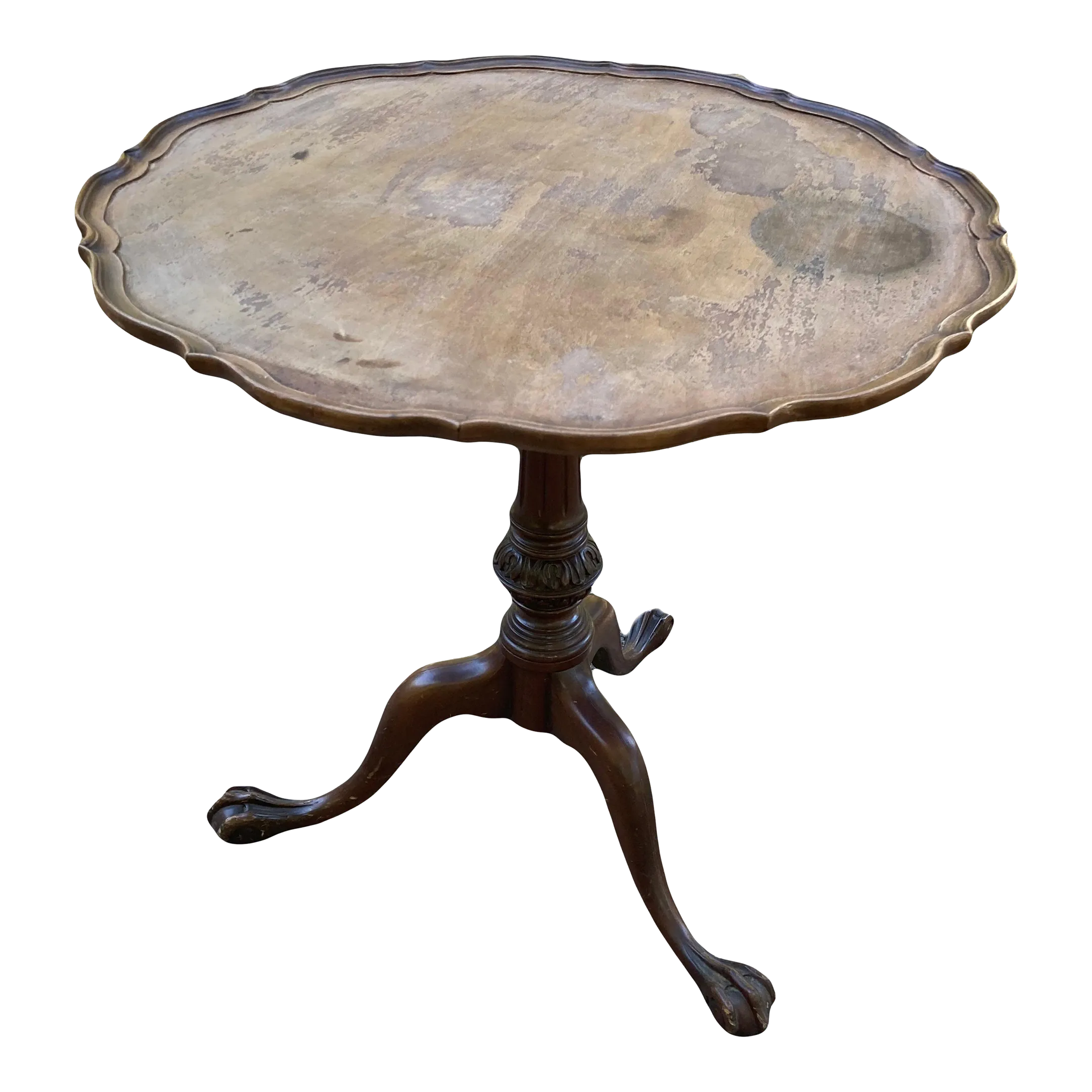 Early 20th Century Wabi Sabi Naturally Distressed Mahogany Pie Crust Tea Table With Ball and Claw Feet