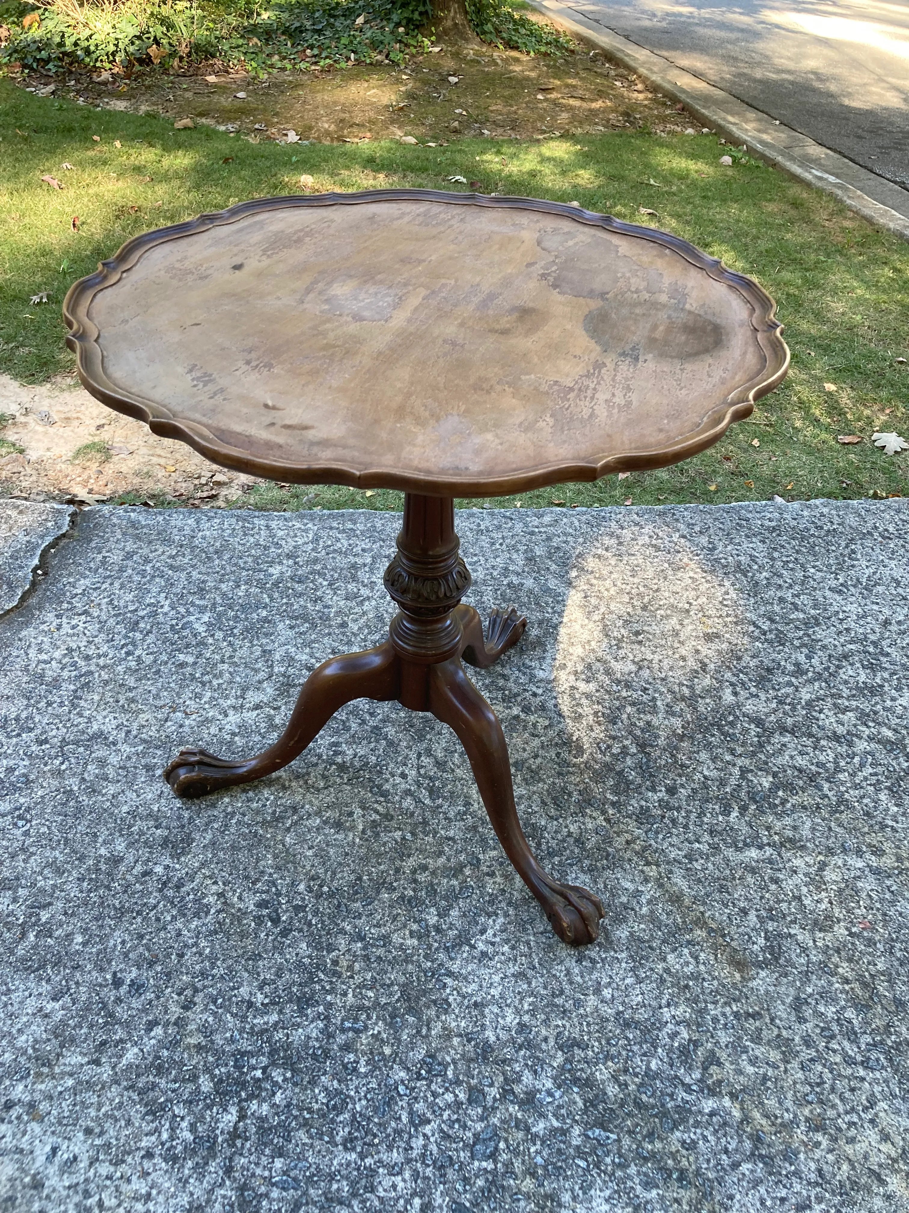 Early 20th Century Wabi Sabi Naturally Distressed Mahogany Pie Crust Tea Table With Ball and Claw Feet
