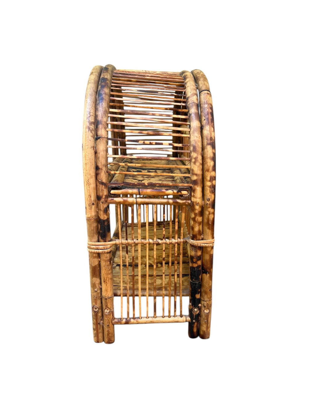 Early-Mid 20th Century Palm Beach Modern Tortoise Shell Burnt and Split Bamboo Table Shelf or Etegere