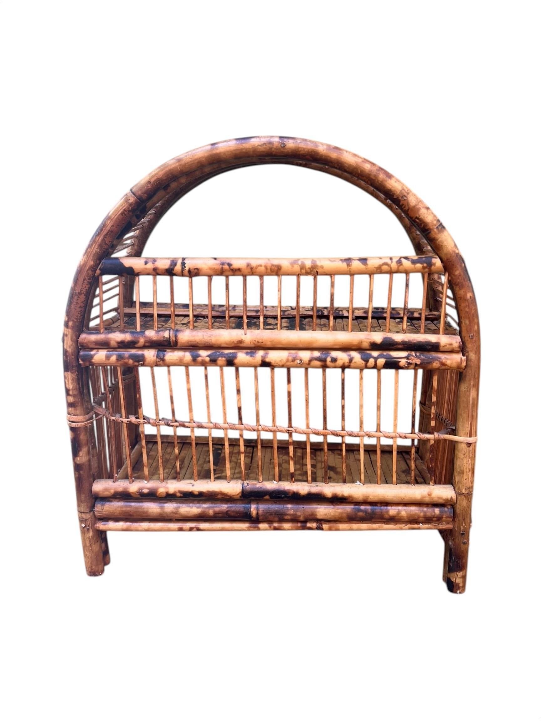 Early-Mid 20th Century Palm Beach Modern Tortoise Shell Burnt and Split Bamboo Table Shelf or Etegere