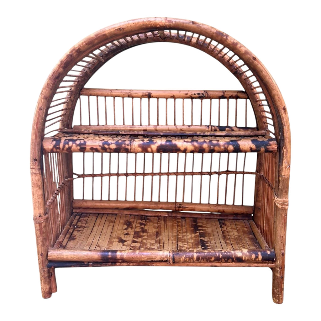 Early-Mid 20th Century Palm Beach Modern Tortoise Shell Burnt and Split Bamboo Table Shelf or Etegere