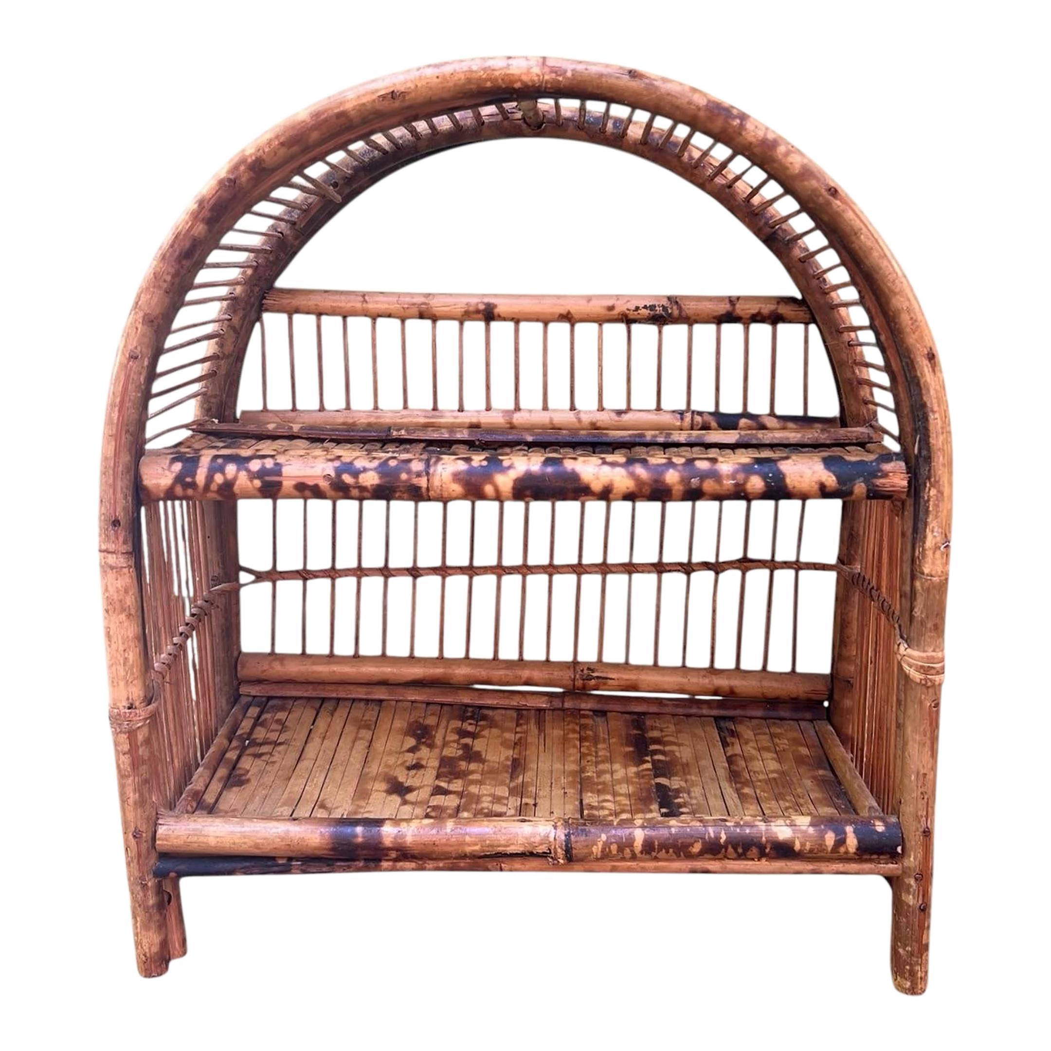 Early-Mid 20th Century Palm Beach Modern Tortoise Shell Burnt and Split Bamboo Table Shelf or Etegere