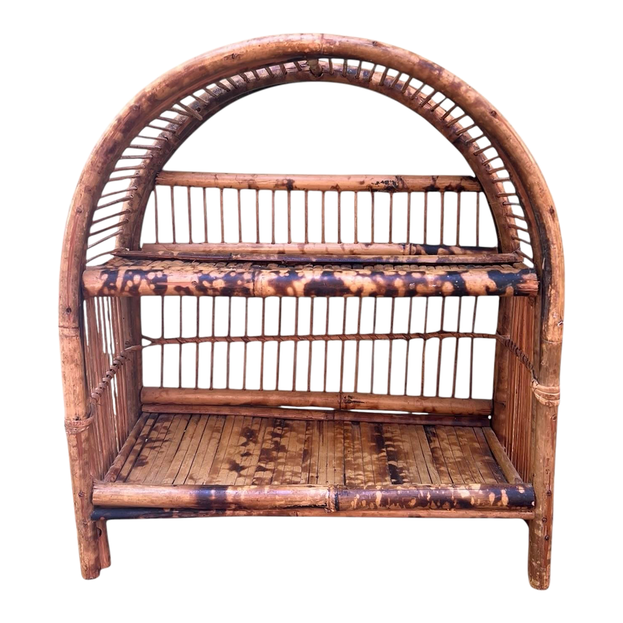 Early-Mid 20th Century Palm Beach Modern Tortoise Shell Burnt and Split Bamboo Table Shelf or Etegere