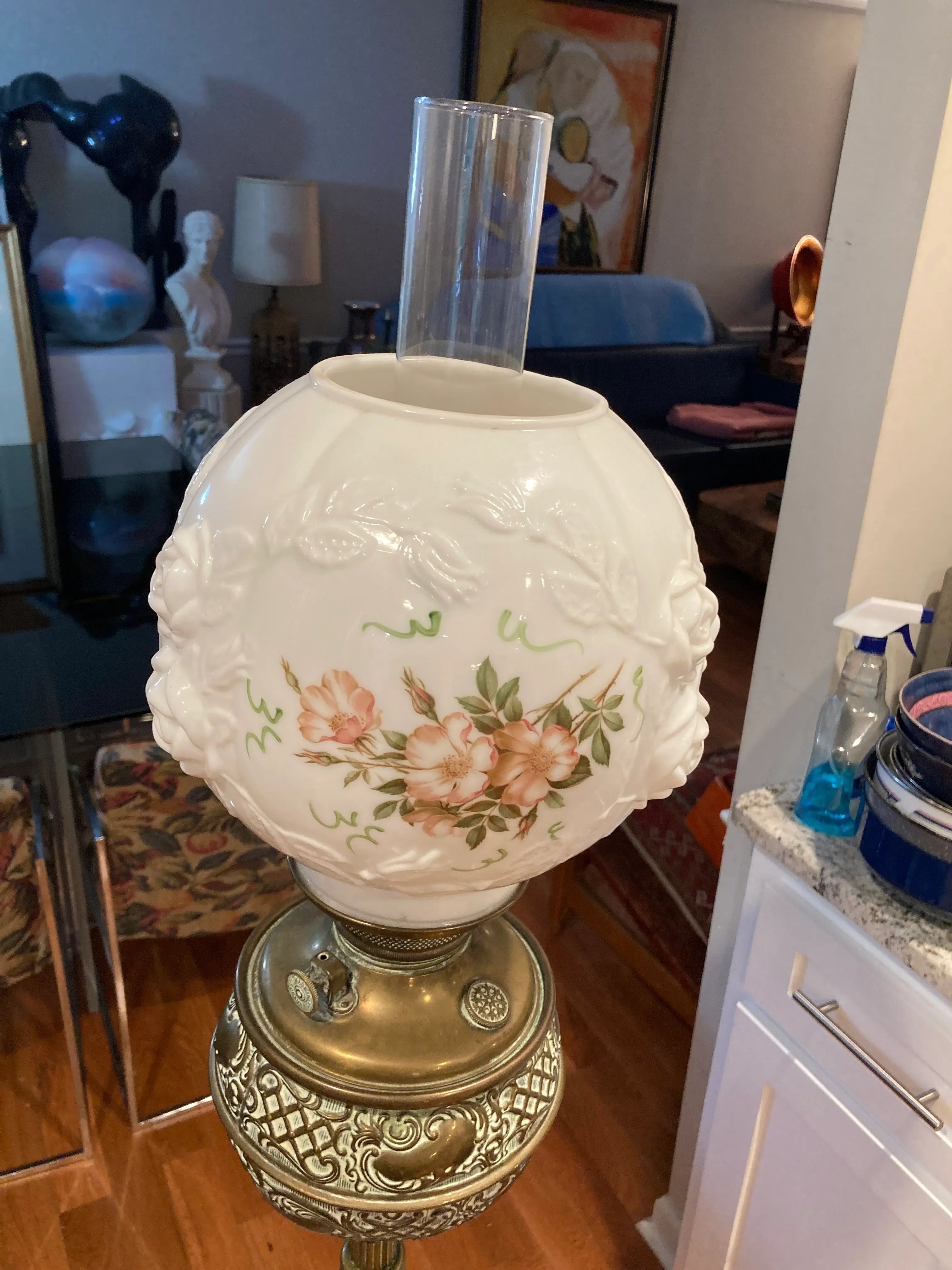 Late 19th Century Antique Bradley and Hubbard Piano Lamp With Original Hand-Painted Milk-Glass Shade