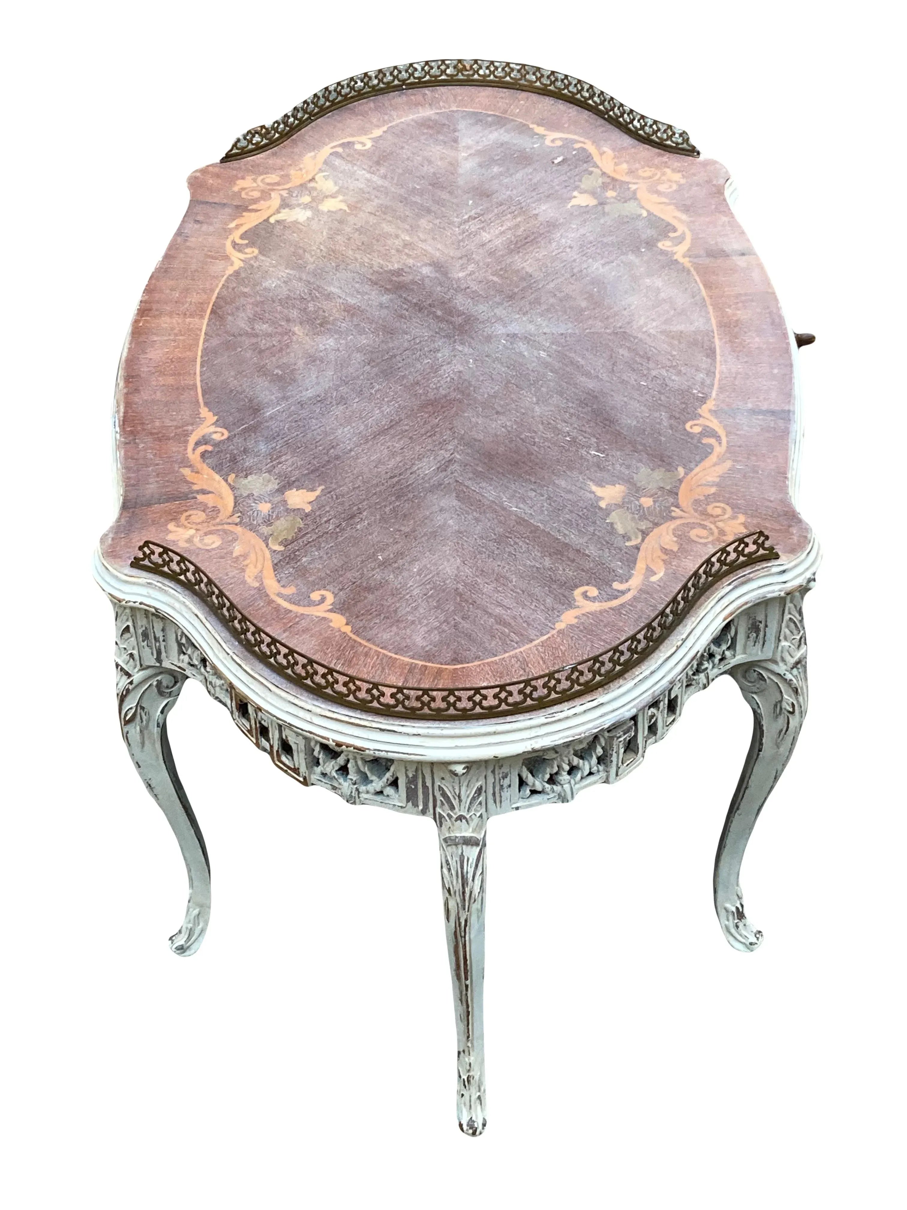 Late 19th Century Antique French Provincial Bleached Marquetry Occasional Table With Bronze Gallery