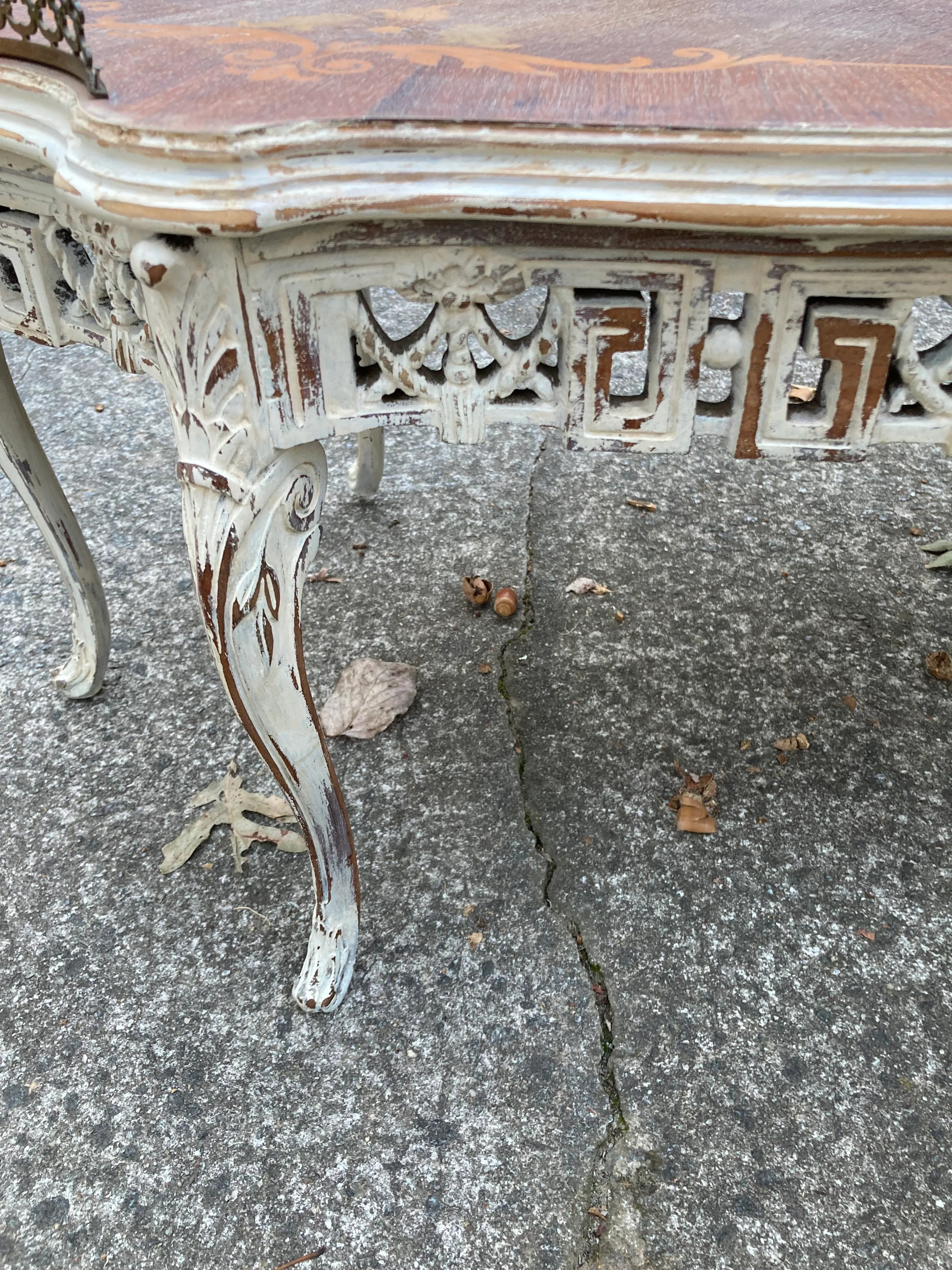 Late 19th Century Antique French Provincial Bleached Marquetry Occasional Table With Bronze Gallery