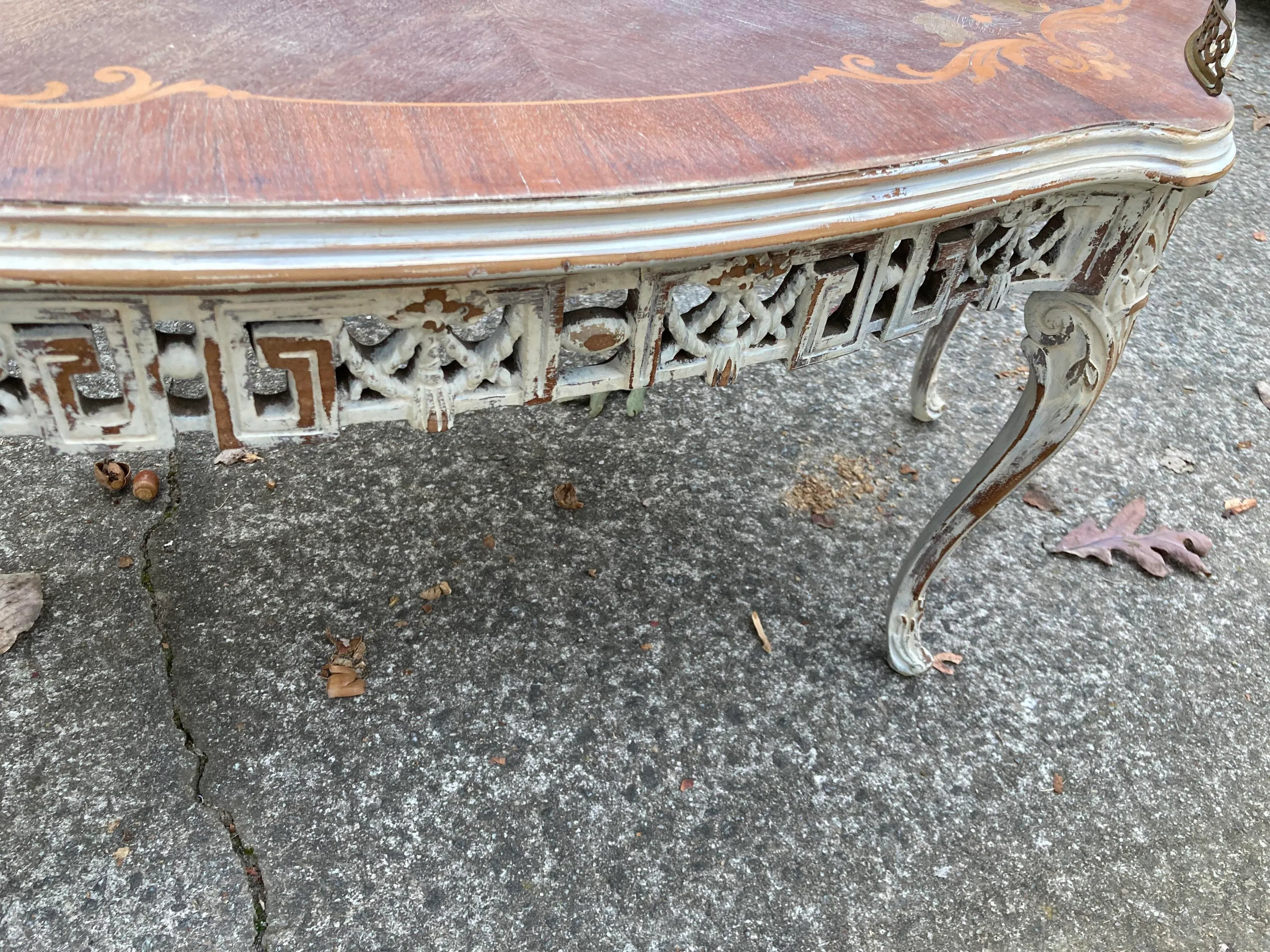 Late 19th Century Antique French Provincial Bleached Marquetry Occasional Table With Bronze Gallery