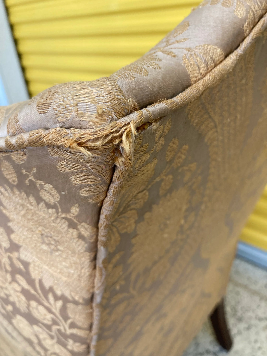 Late 19th Century Antique Queen Anne Wingback Chair in Gold and Taupe Jacquard
