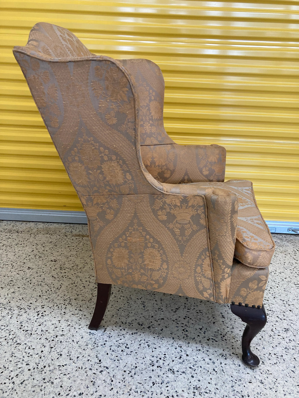 Late 19th Century Antique Queen Anne Wingback Chair in Gold and Taupe Jacquard