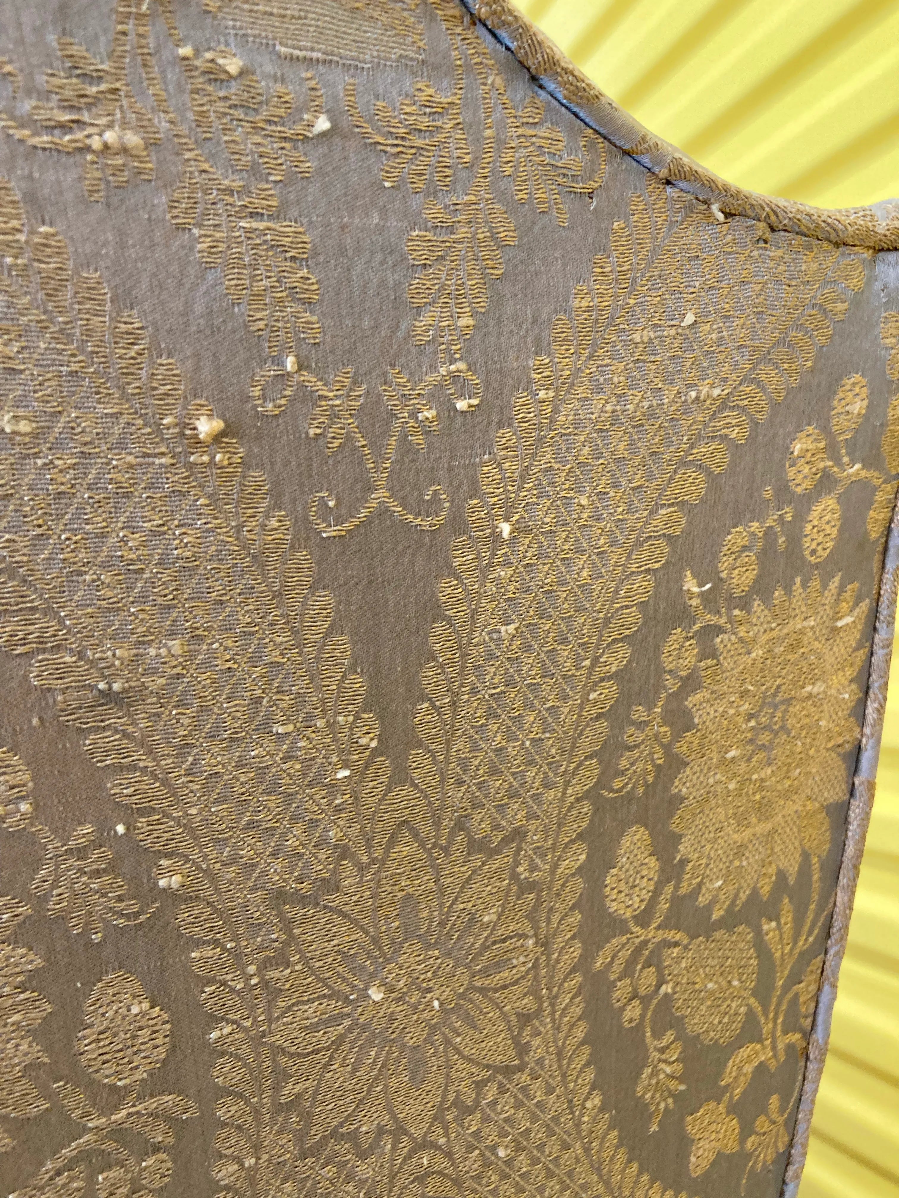 Late 19th Century Antique Queen Anne Wingback Chair in Gold and Taupe Jacquard