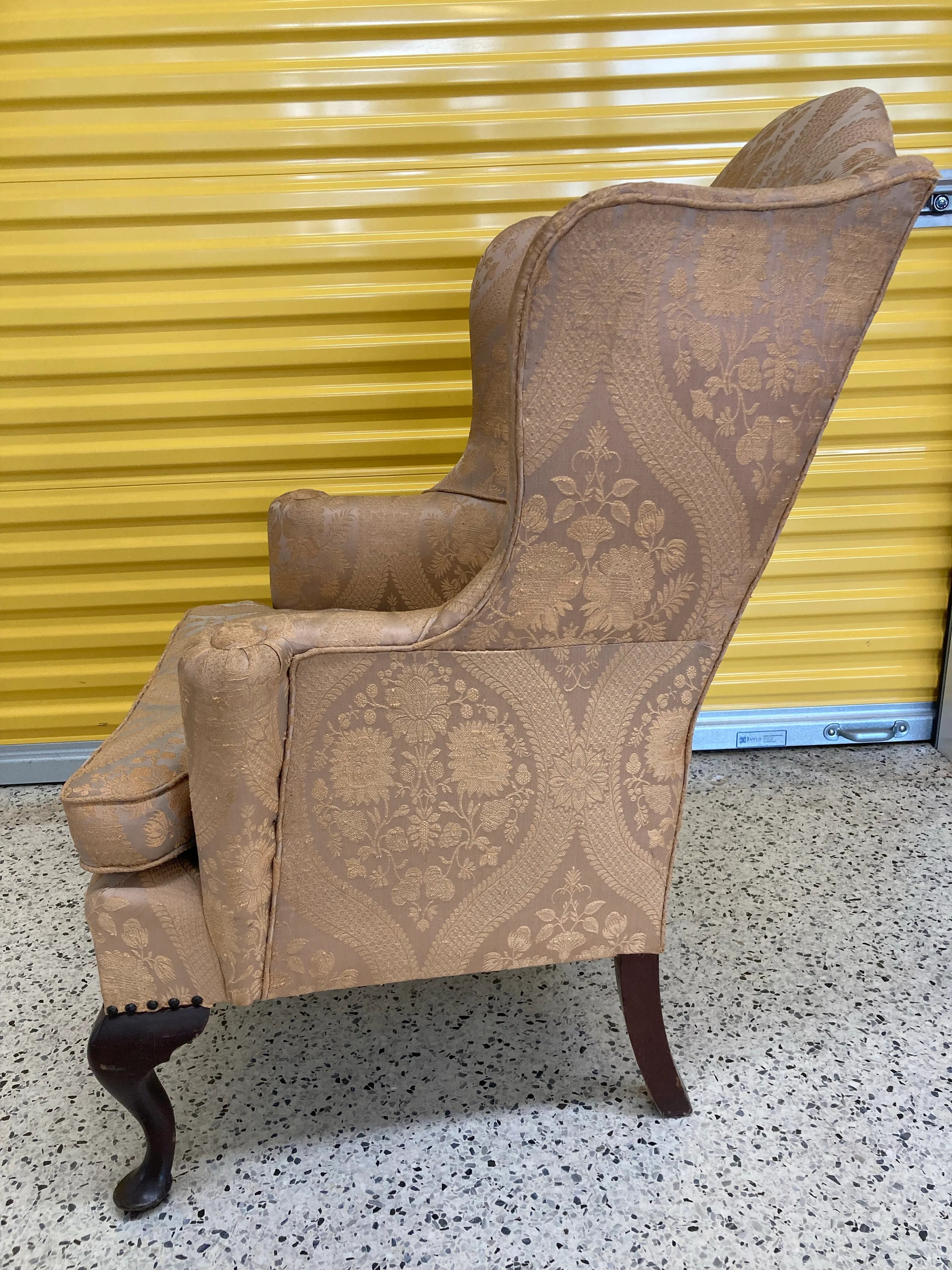 Late 19th Century Antique Queen Anne Wingback Chair in Gold and Taupe Jacquard