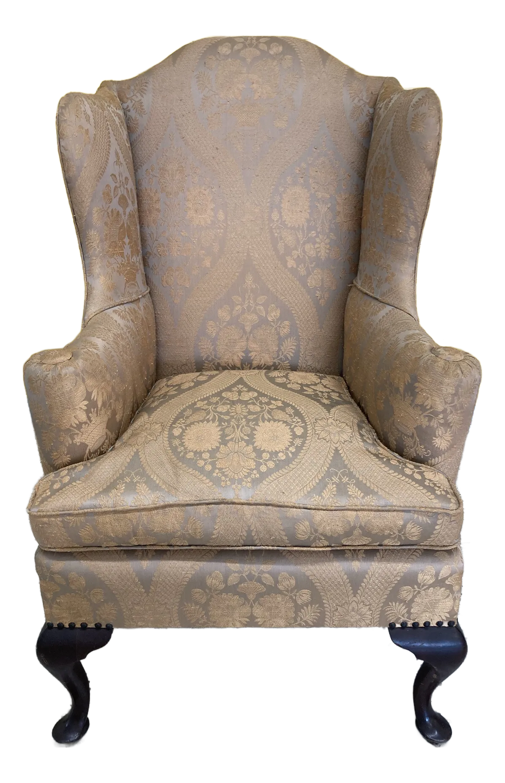 Late 19th Century Antique Queen Anne Wingback Chair in Gold and Taupe Jacquard