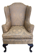 Late 19th Century Antique Queen Anne Wingback Chair in Gold and Taupe Jacquard