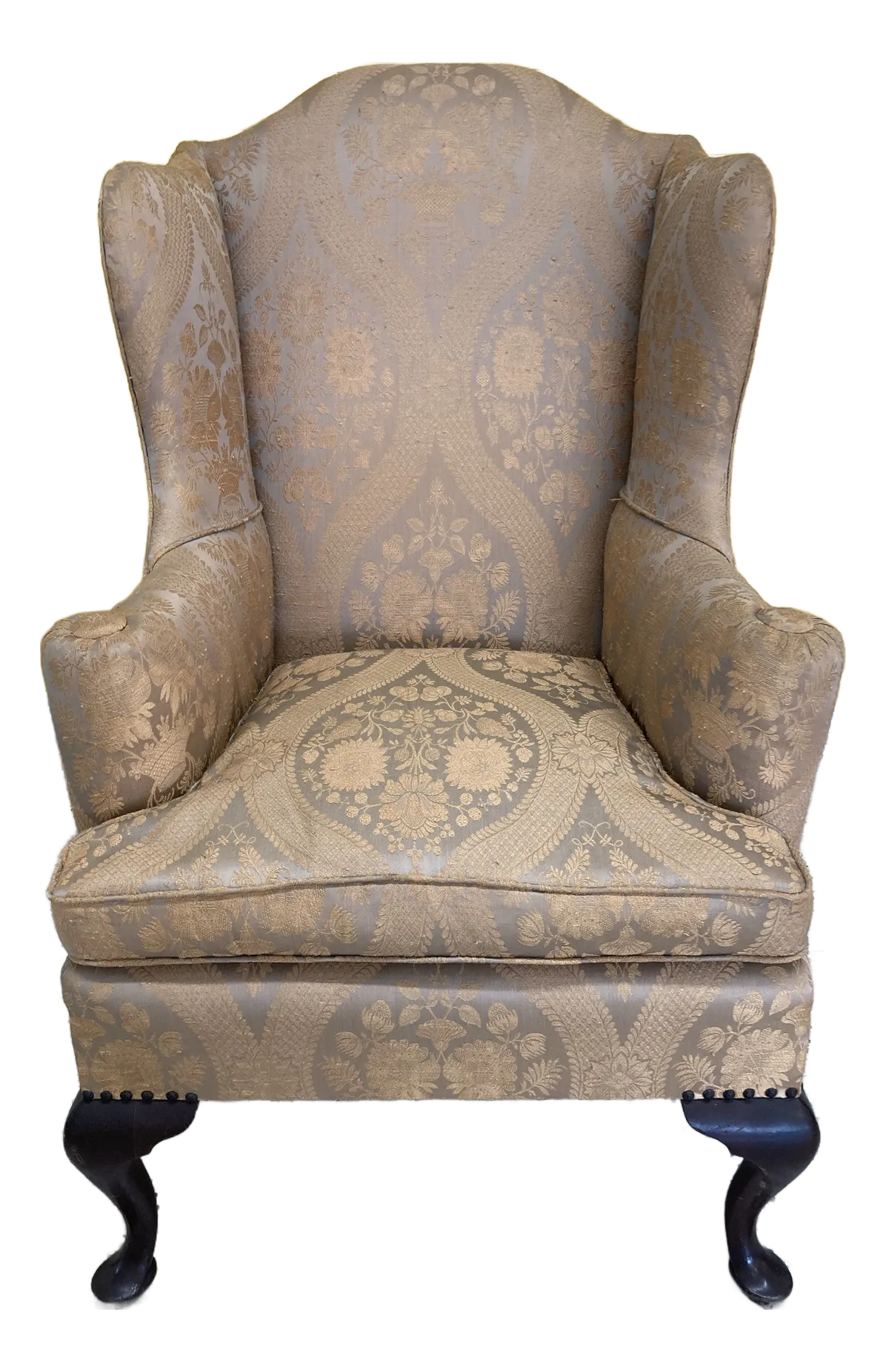 Late 19th Century Antique Queen Anne Wingback Chair in Gold and Taupe Jacquard