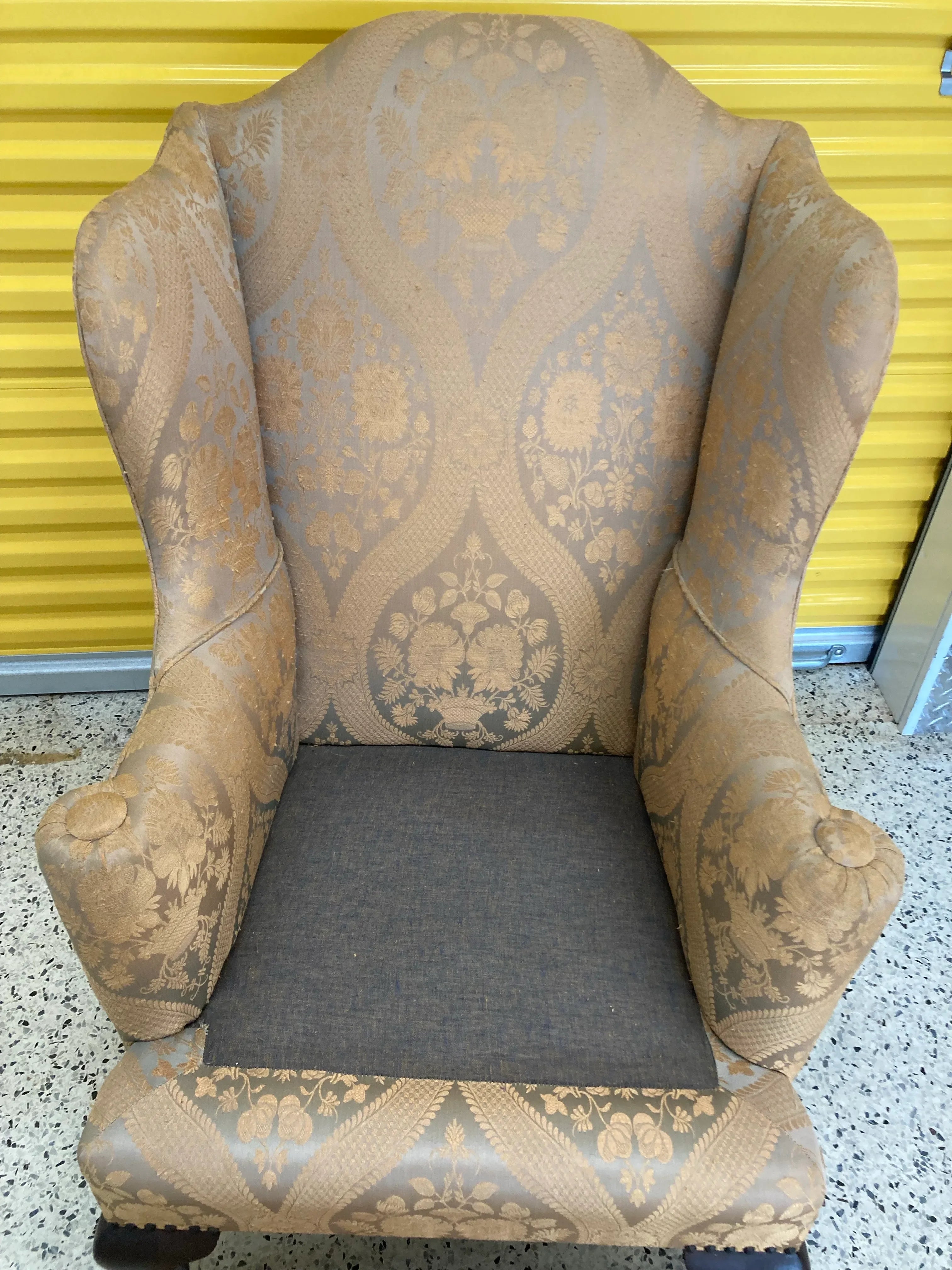Late 19th Century Antique Queen Anne Wingback Chair in Gold and Taupe Jacquard
