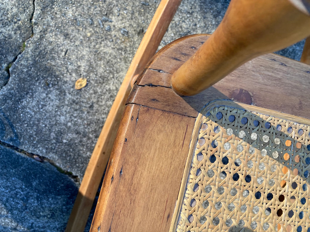 Late 19th Century Antique Turned Wood Ladder Back Open Arm Rocking Chair With Caned Seat