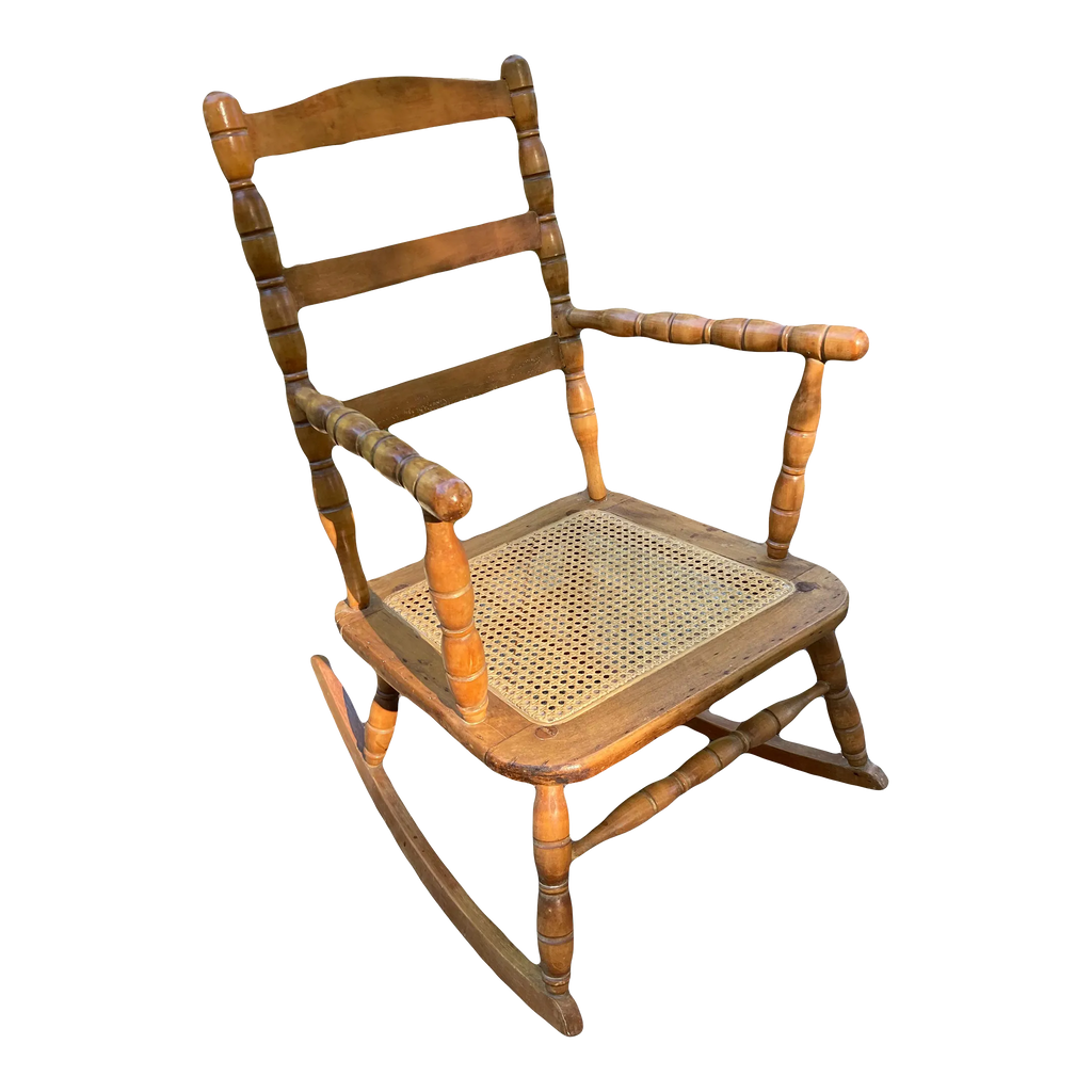 Late 19th Century Antique Turned Wood Ladder Back Open Arm Rocking Chair With Caned Seat