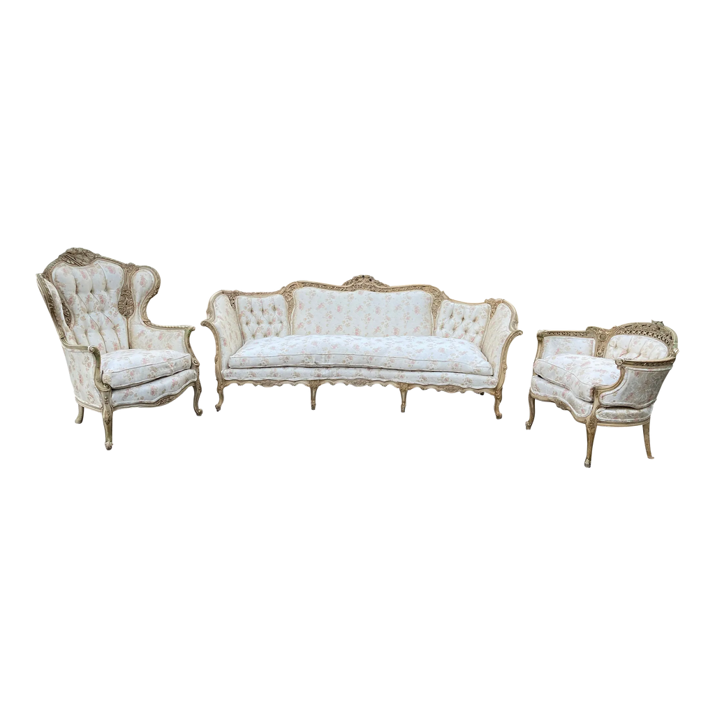 Late 19th Century French Provincial Settee and Armchair Set- 3 Pieces