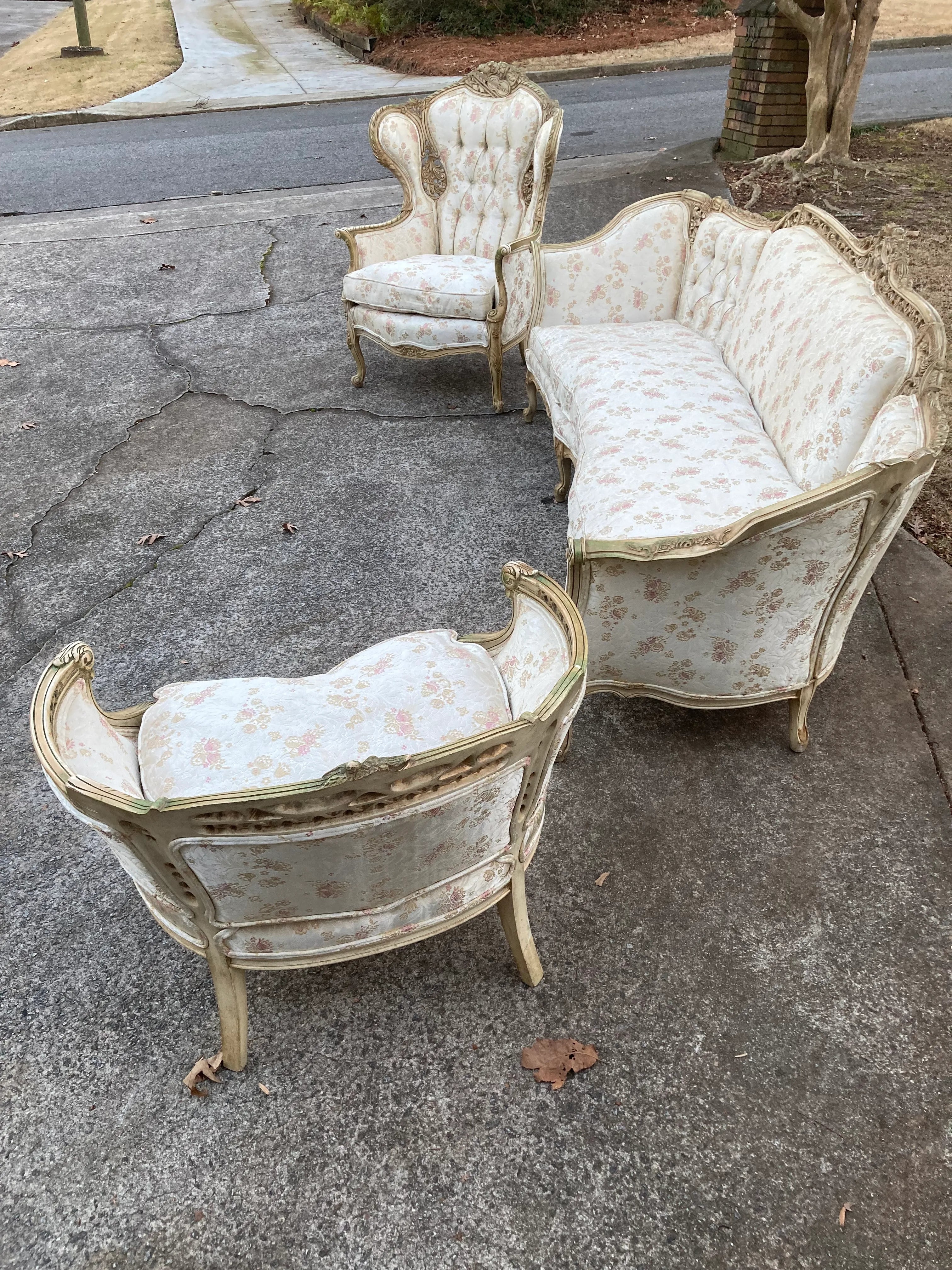 Late 19th Century French Provincial Settee and Armchair Set- 3 Pieces