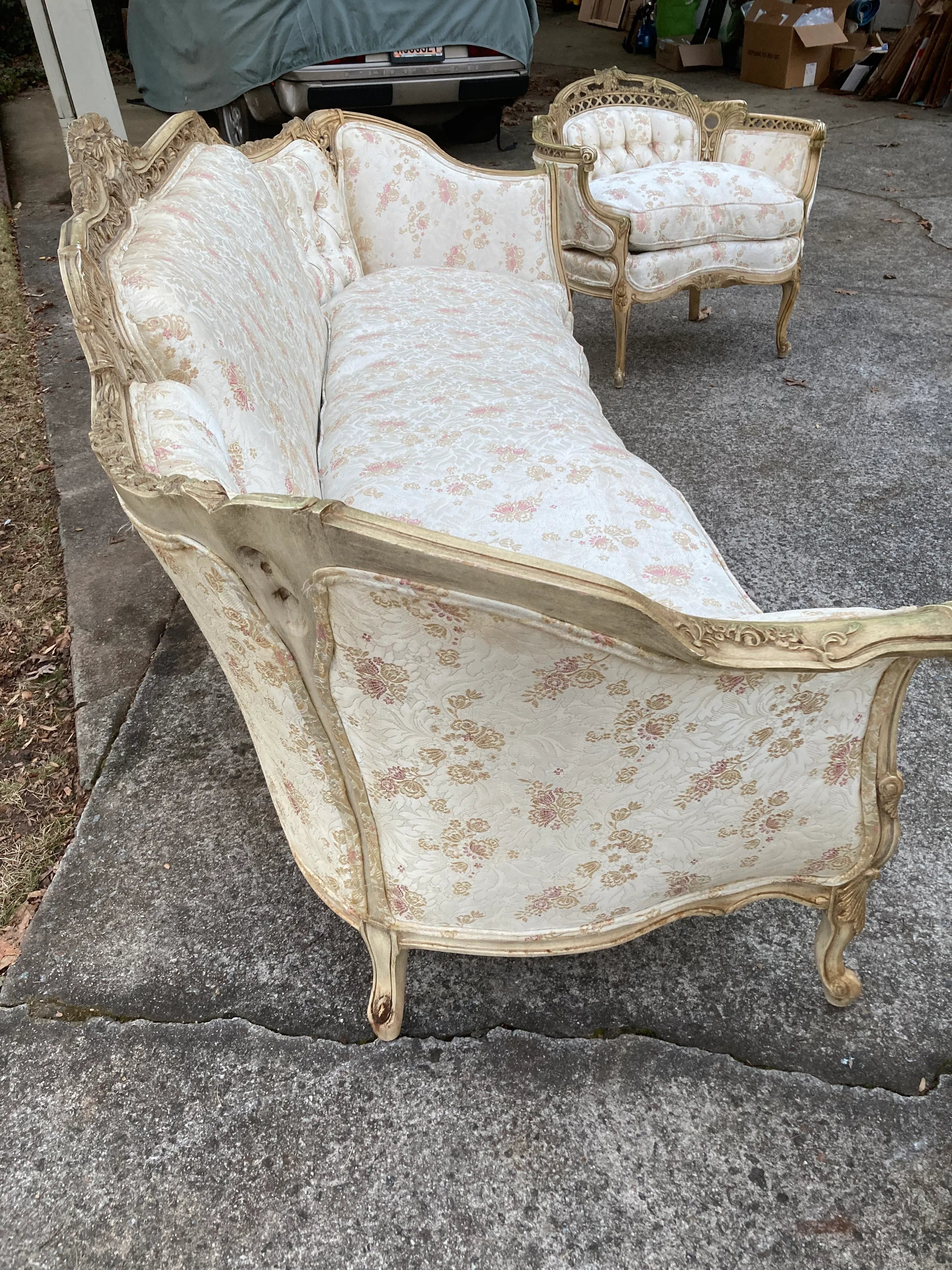 Late 19th Century French Provincial Settee and Armchair Set- 3 Pieces