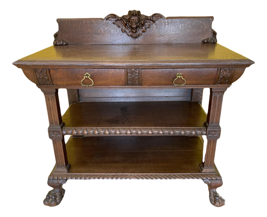 Late 19th Century Gothic Revival Side Board Buffet With Carved Lion Head Cornice