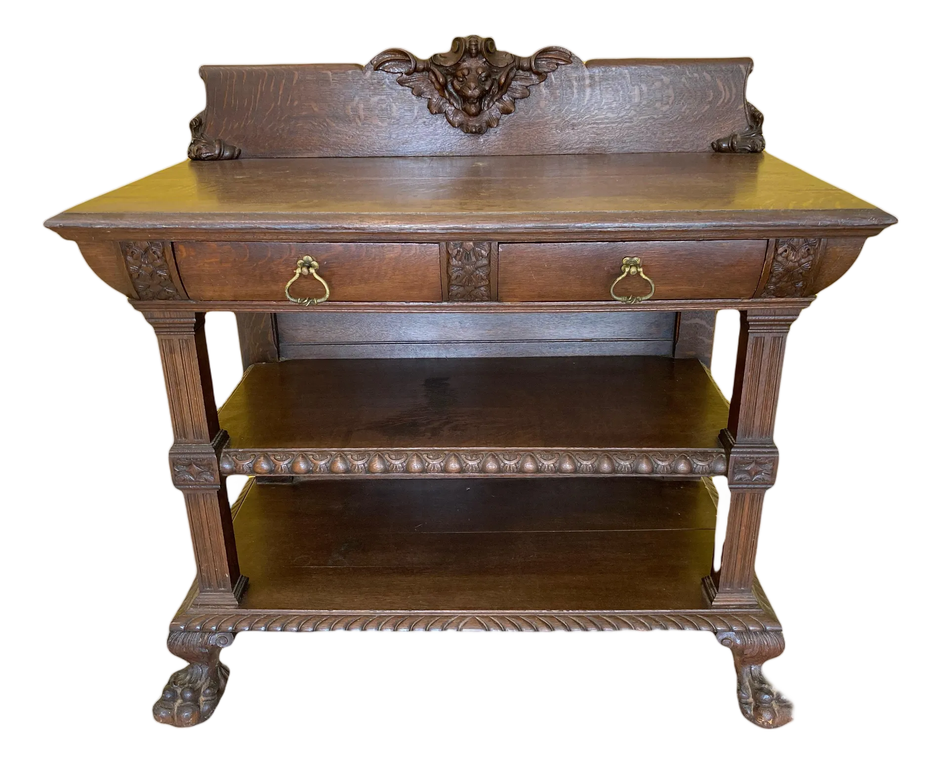 Late 19th Century Gothic Revival Side Board Buffet With Carved Lion Head Cornice