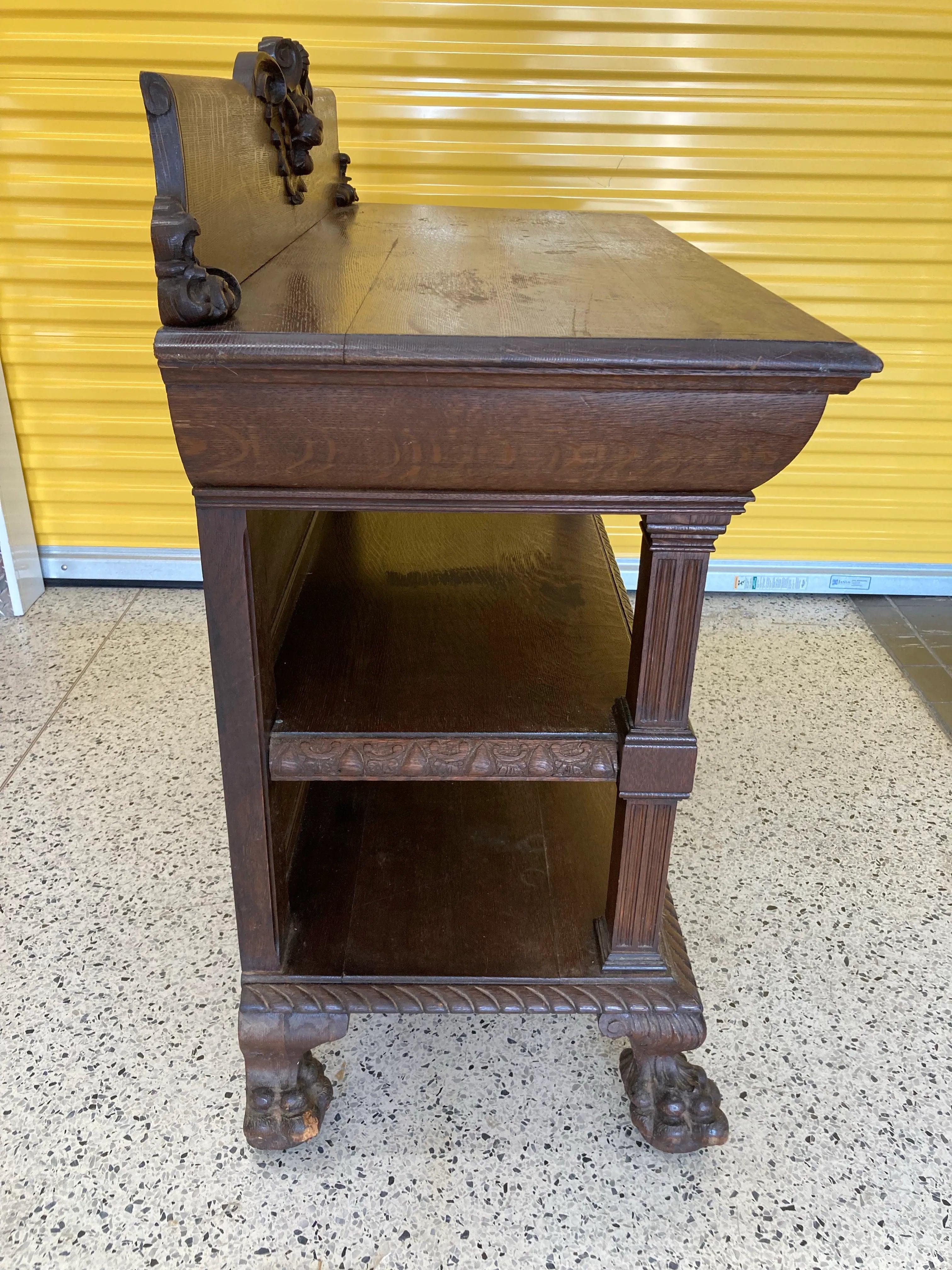 Late 19th Century Gothic Revival Side Board Buffet With Carved Lion Head Cornice