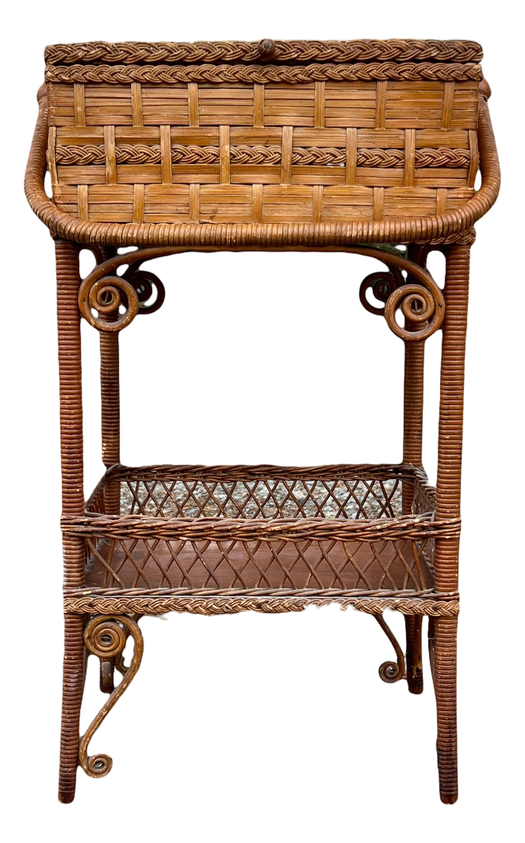 Late 19th Century Victorian Era Aesthetic Movement Haywood Wakefield Sewing Stand With Storage Compartment