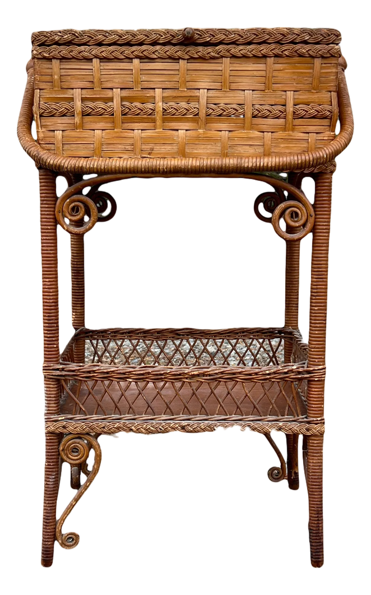 Late 19th Century Victorian Era Aesthetic Movement Haywood Wakefield Sewing Stand With Storage Compartment