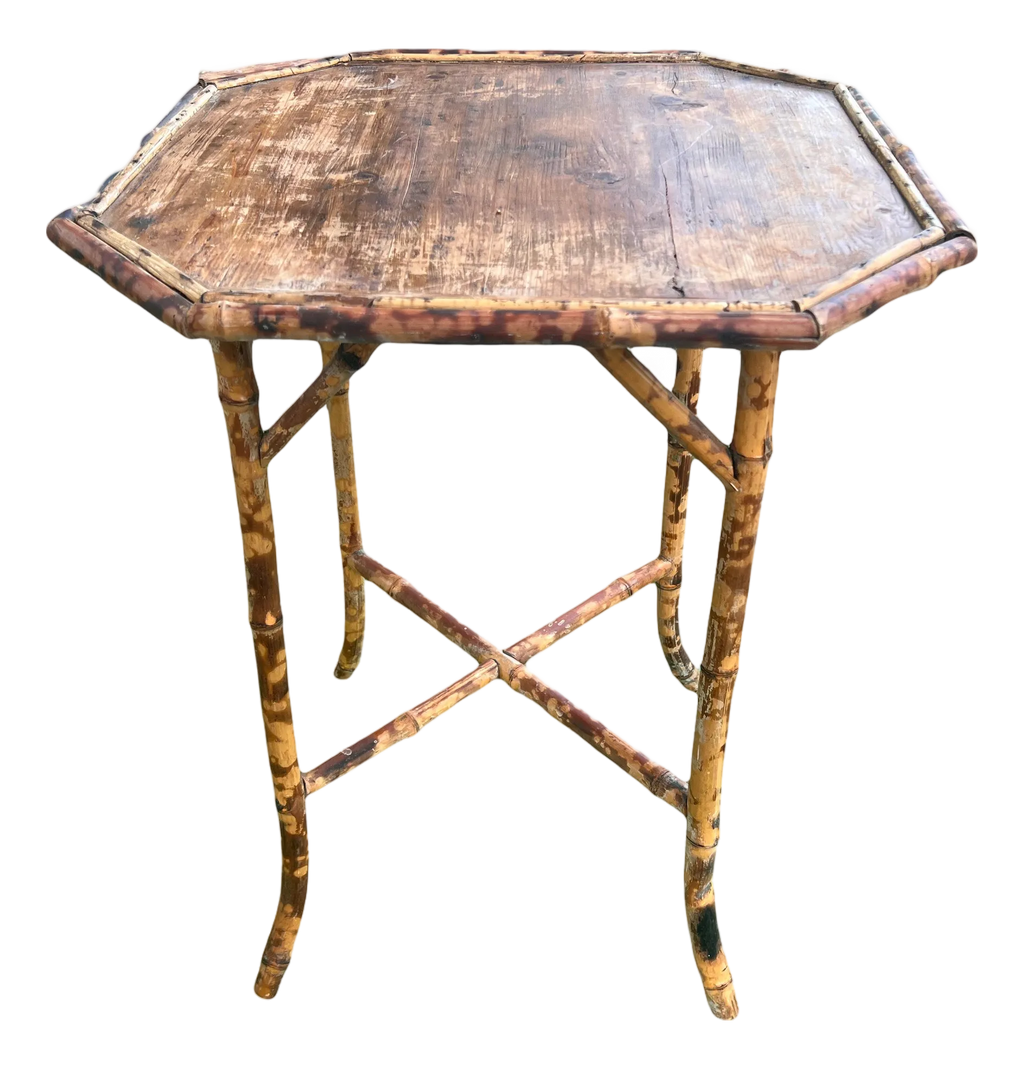Late 19th Century Victorian Era Tiger Bamboo Wabi Sabi Naturally Distressed Octoganal Side Table