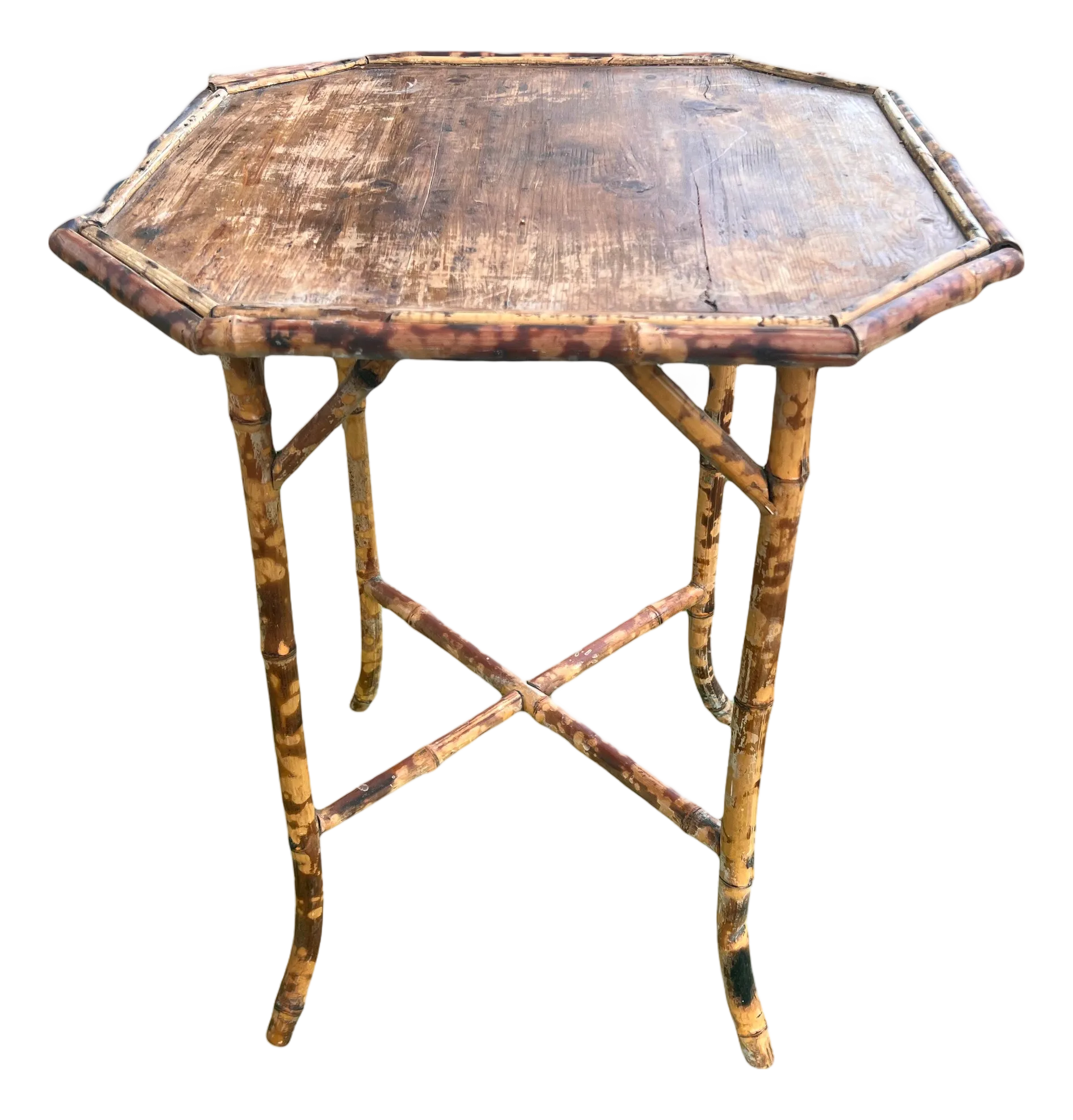 Late 19th Century Victorian Era Tiger Bamboo Wabi Sabi Naturally Distressed Octoganal Side Table