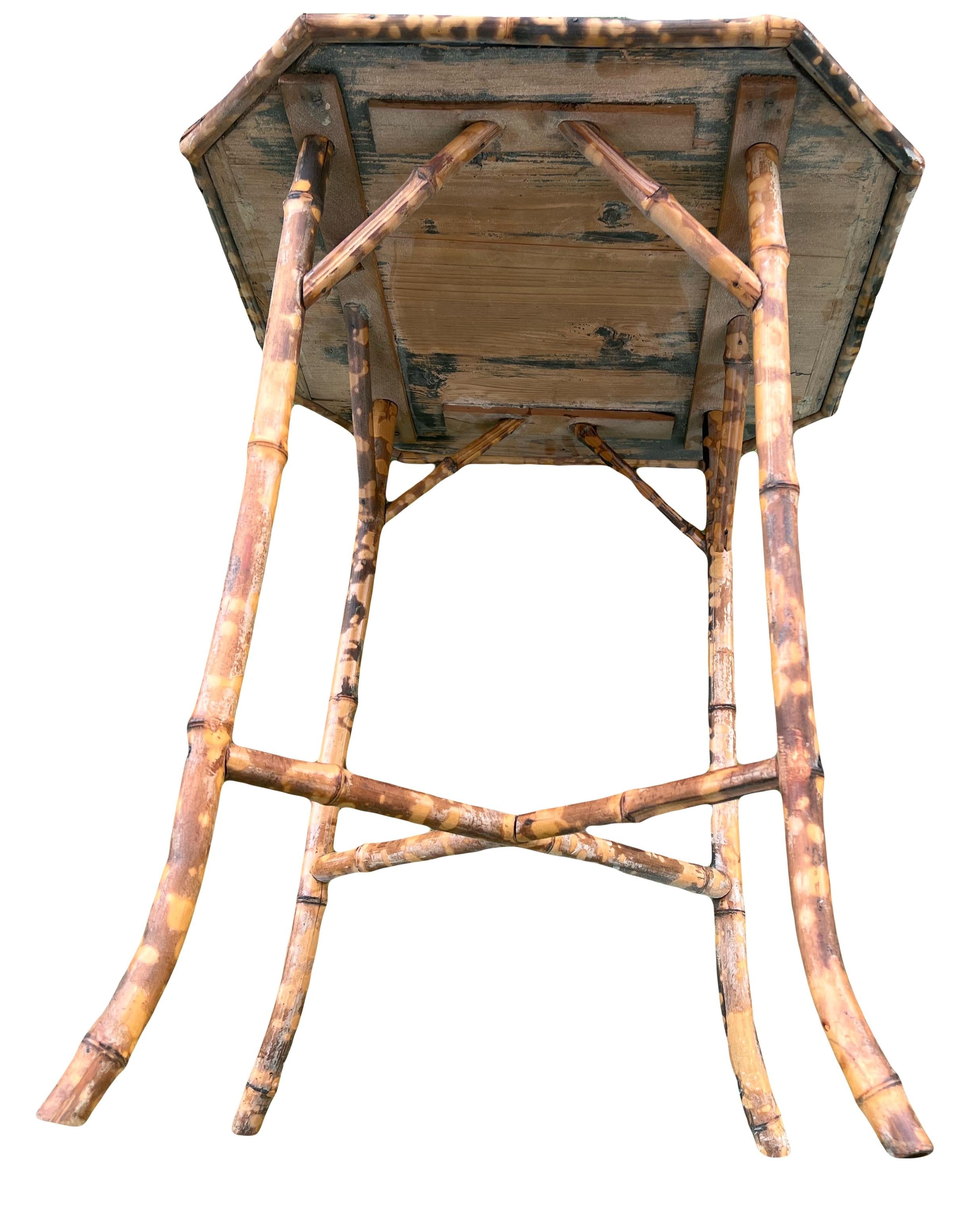 Late 19th Century Victorian Era Tiger Bamboo Wabi Sabi Naturally Distressed Octoganal Side Table
