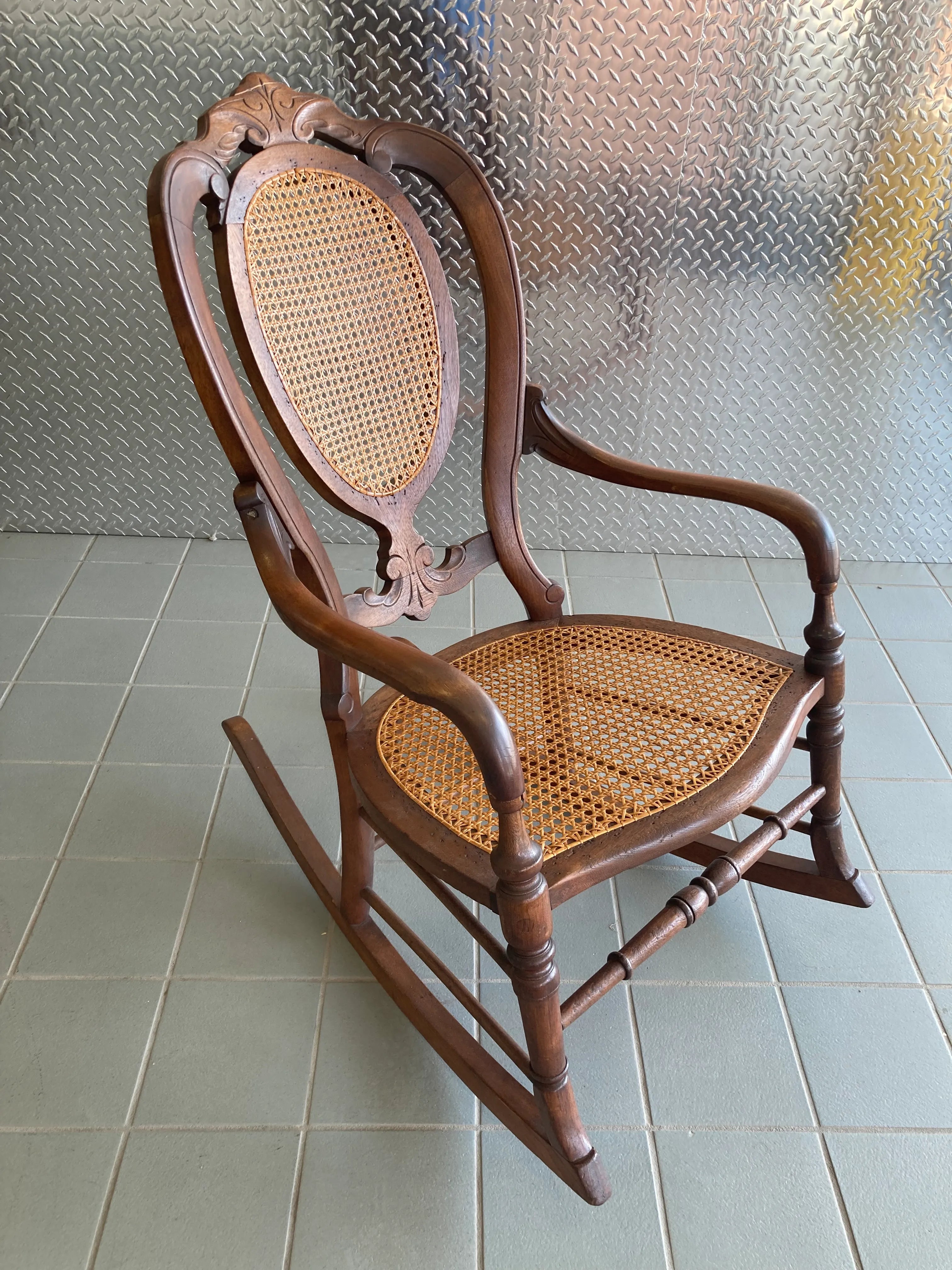 Late 19th Century Victorian Rocking Chair With Caned Seat and Back