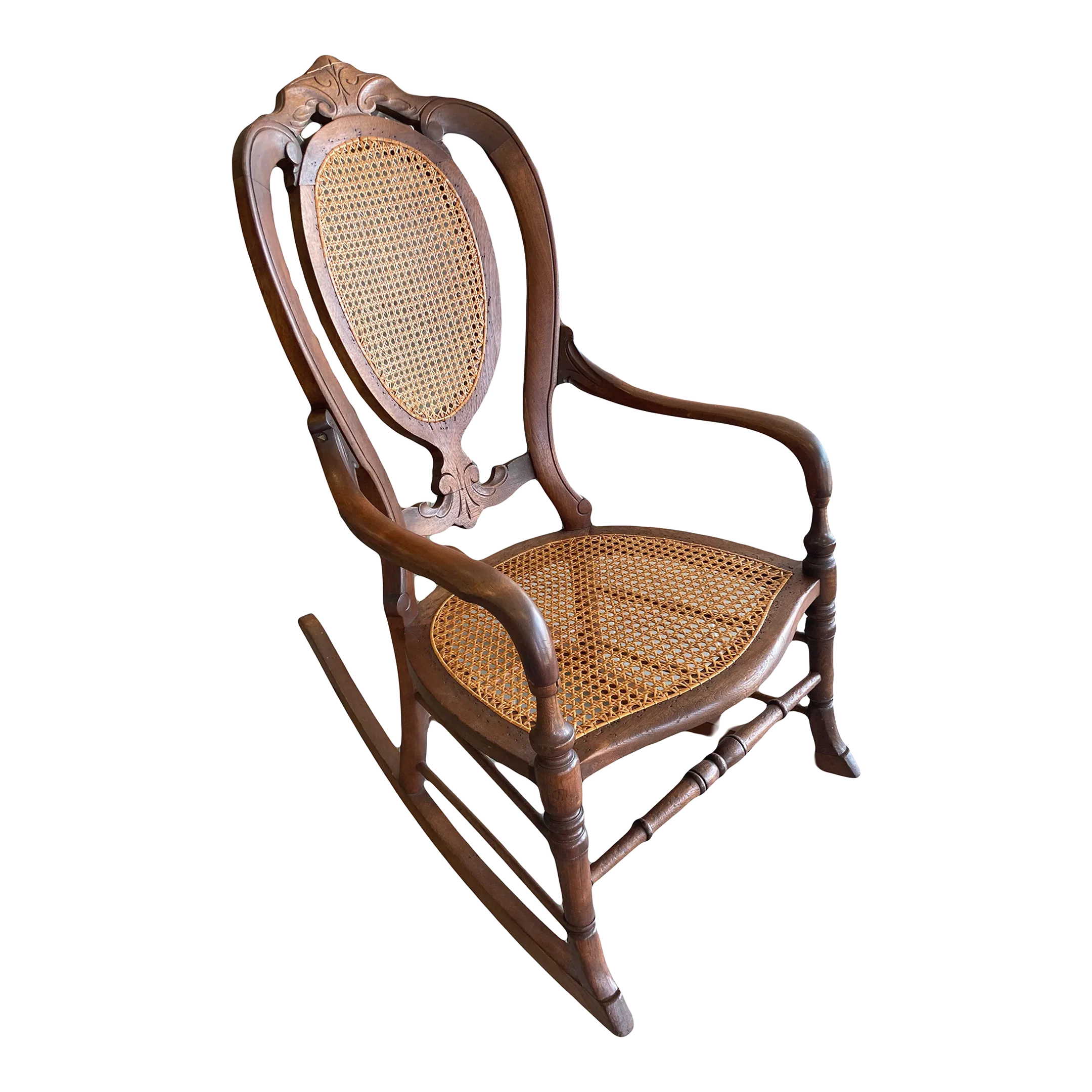 Late 19th Century Victorian Rocking Chair With Caned Seat and Back