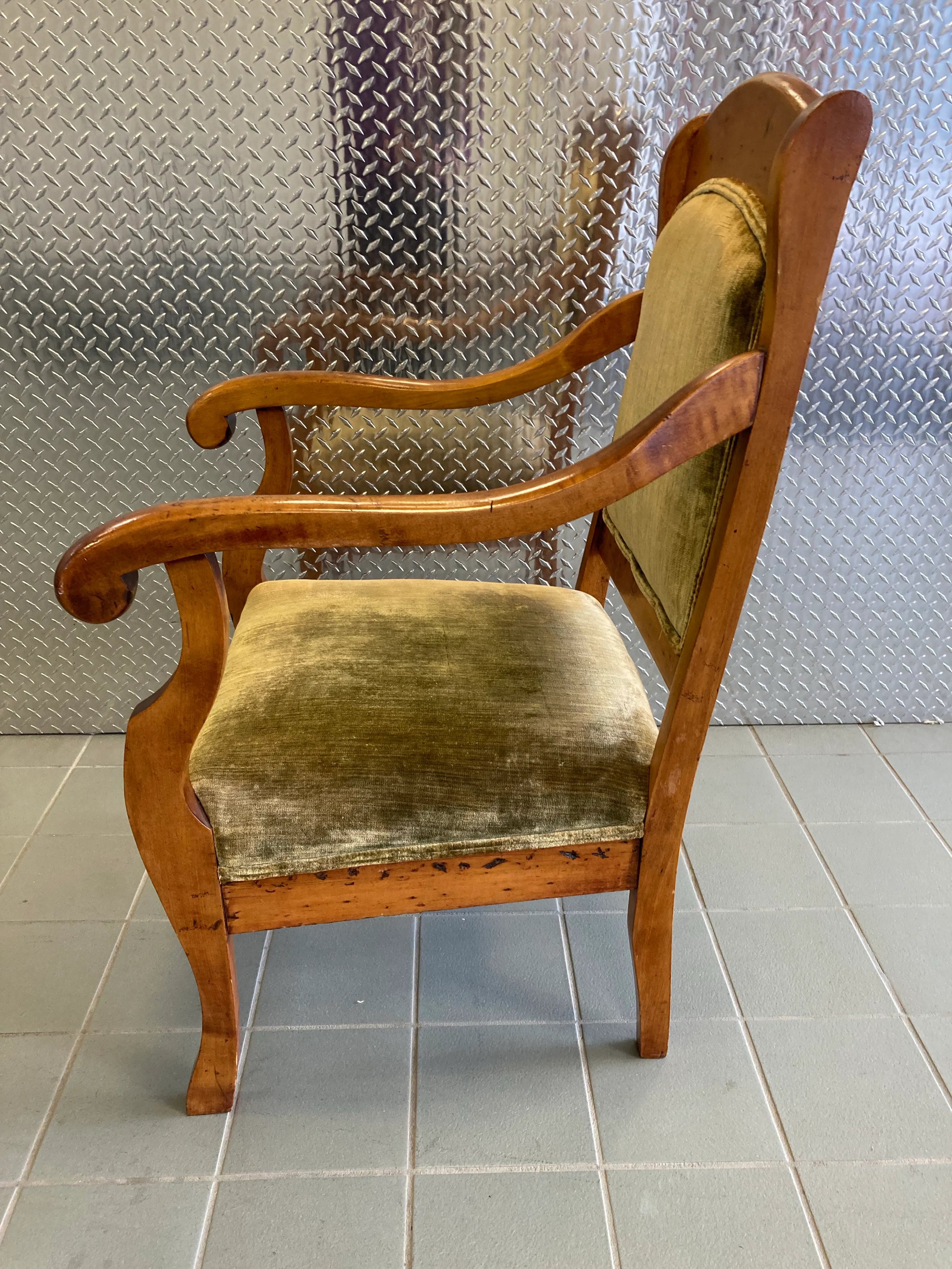 Late 19th Century Wooden Armchair in Original Velvet Fabric