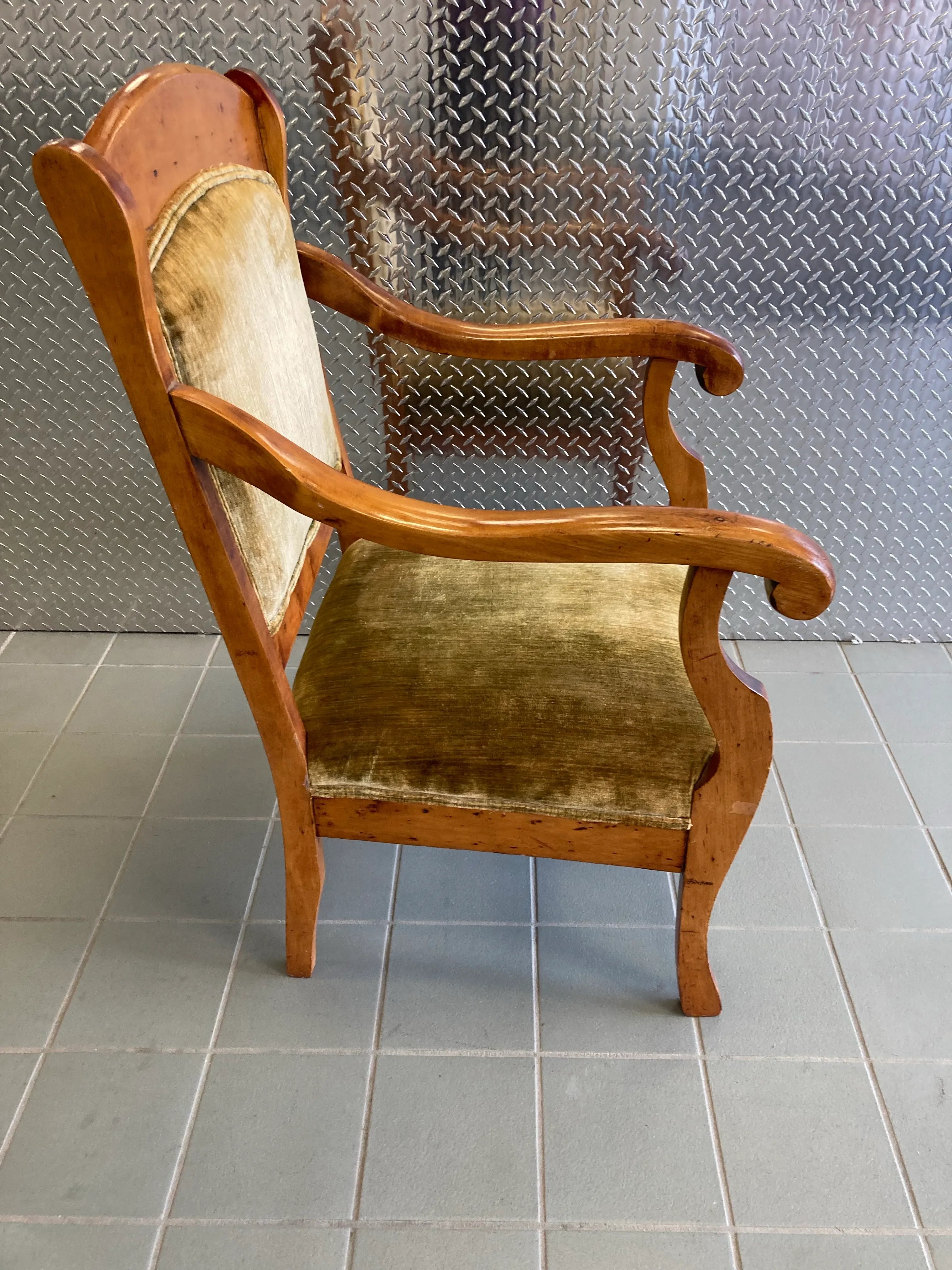 Late 19th Century Wooden Armchair in Original Velvet Fabric