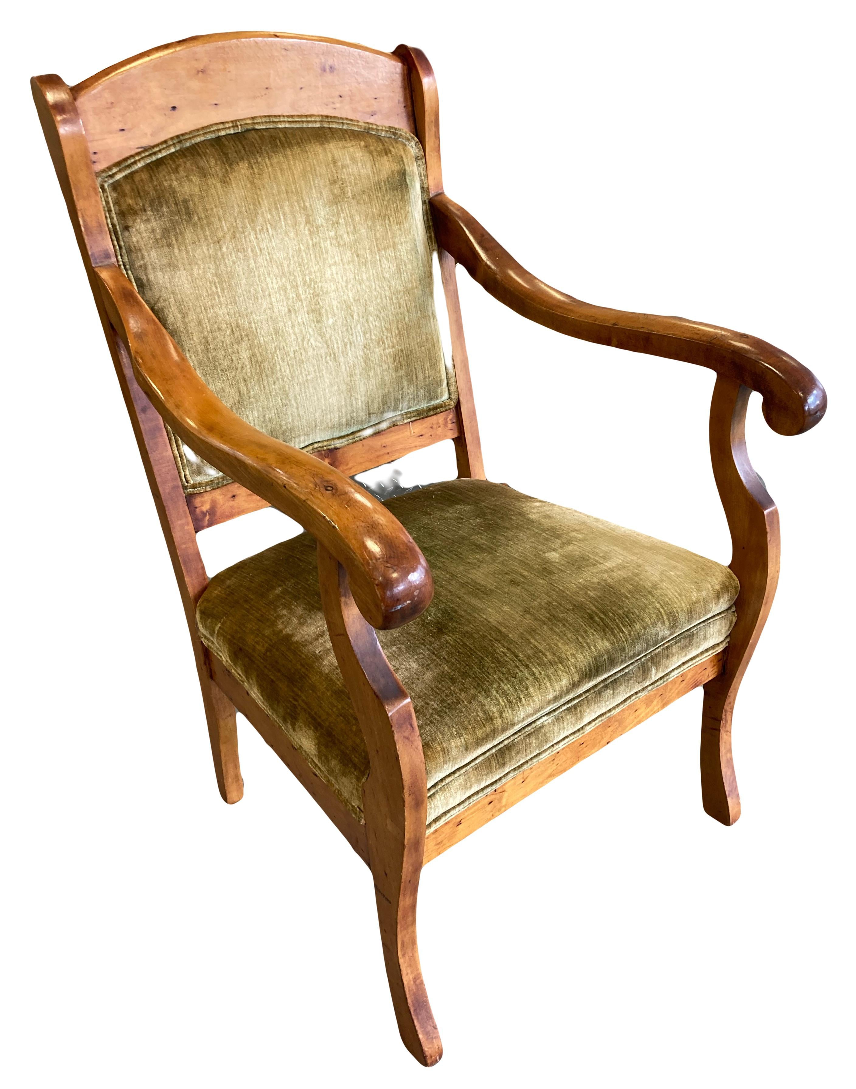 Late 19th Century Wooden Armchair in Original Velvet Fabric