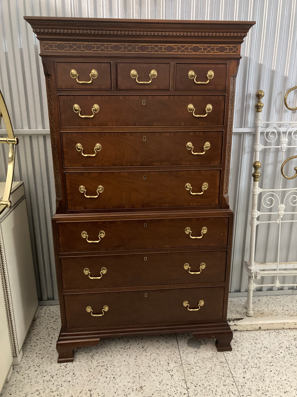 Late 20th Century Councill Craftsman Chinese Chippendale Tall 9-Drawer Dresser or Highboy in Banded Mahogany