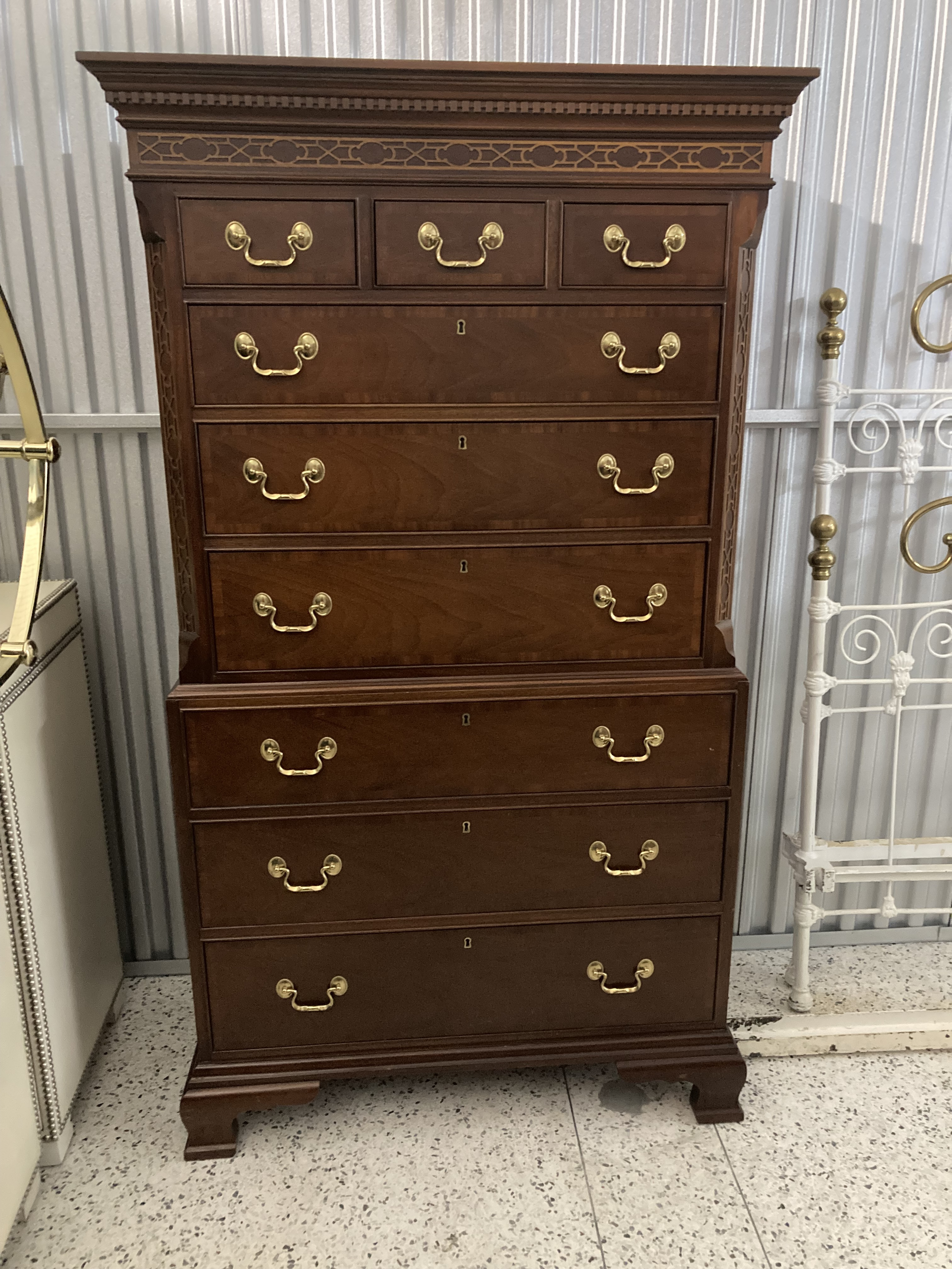 Late 20th Century Councill Craftsman Chinese Chippendale Tall 9-Drawer Dresser or Highboy in Banded Mahogany