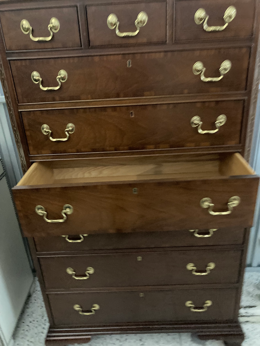 Late 20th Century Councill Craftsman Chinese Chippendale Tall 9-Drawer Dresser or Highboy in Banded Mahogany